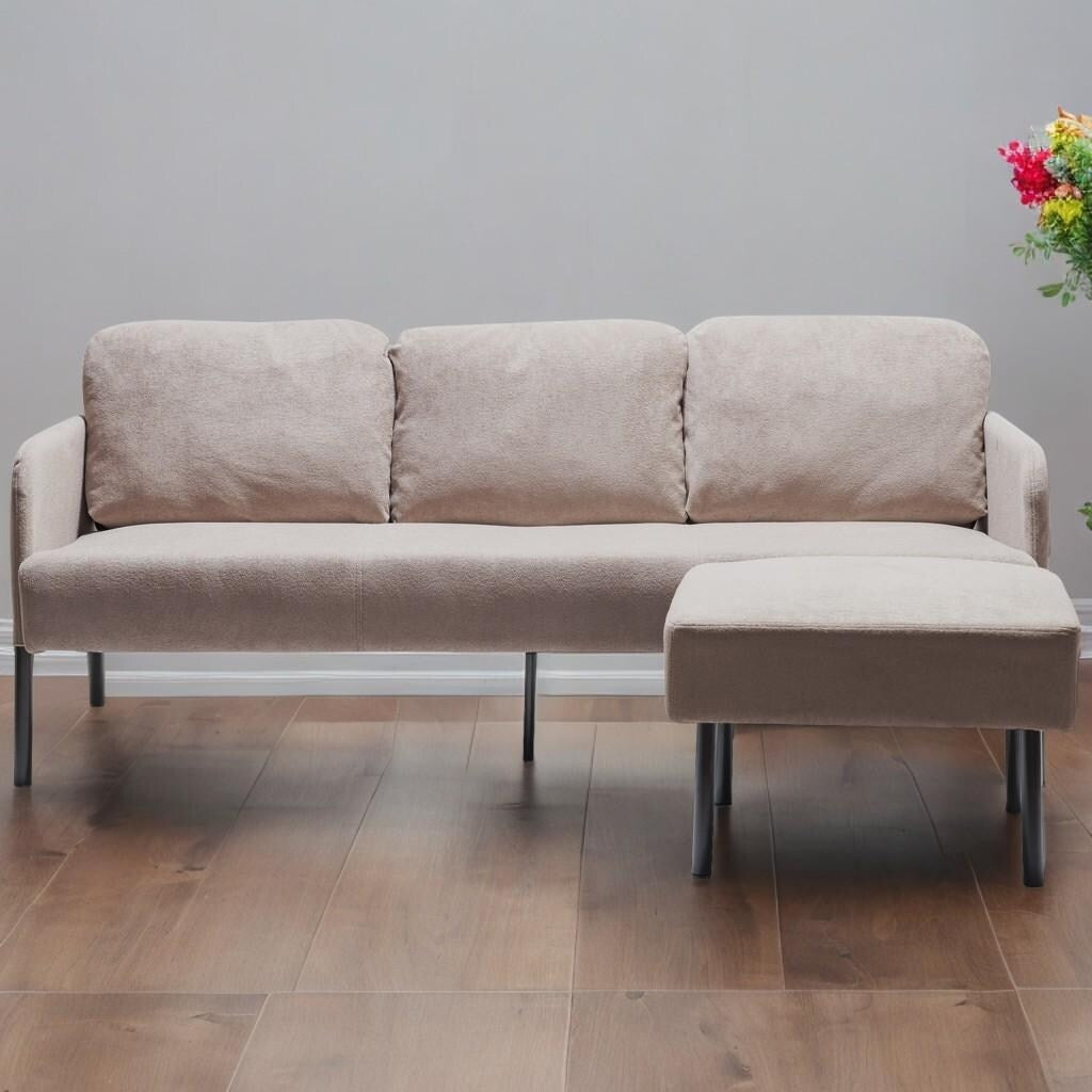Canapé 3 places en forme de L en tissu polyester avec pouf, canapé moderne recouvert de tissu, canapé confortable et compact pour petit espace.