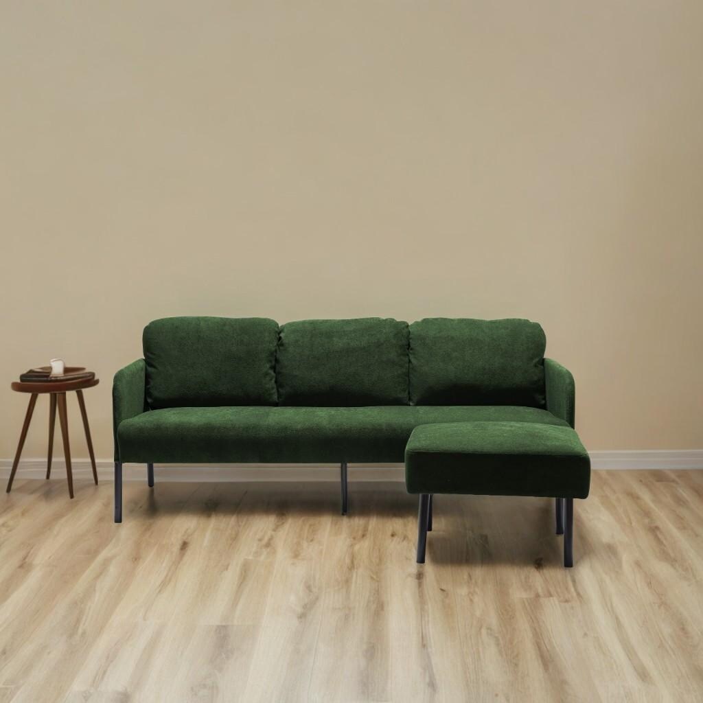 Canapé 3 places en forme de L en tissu polyester avec pouf, canapé moderne recouvert de tissu, canapé confortable et compact pour petit espace.