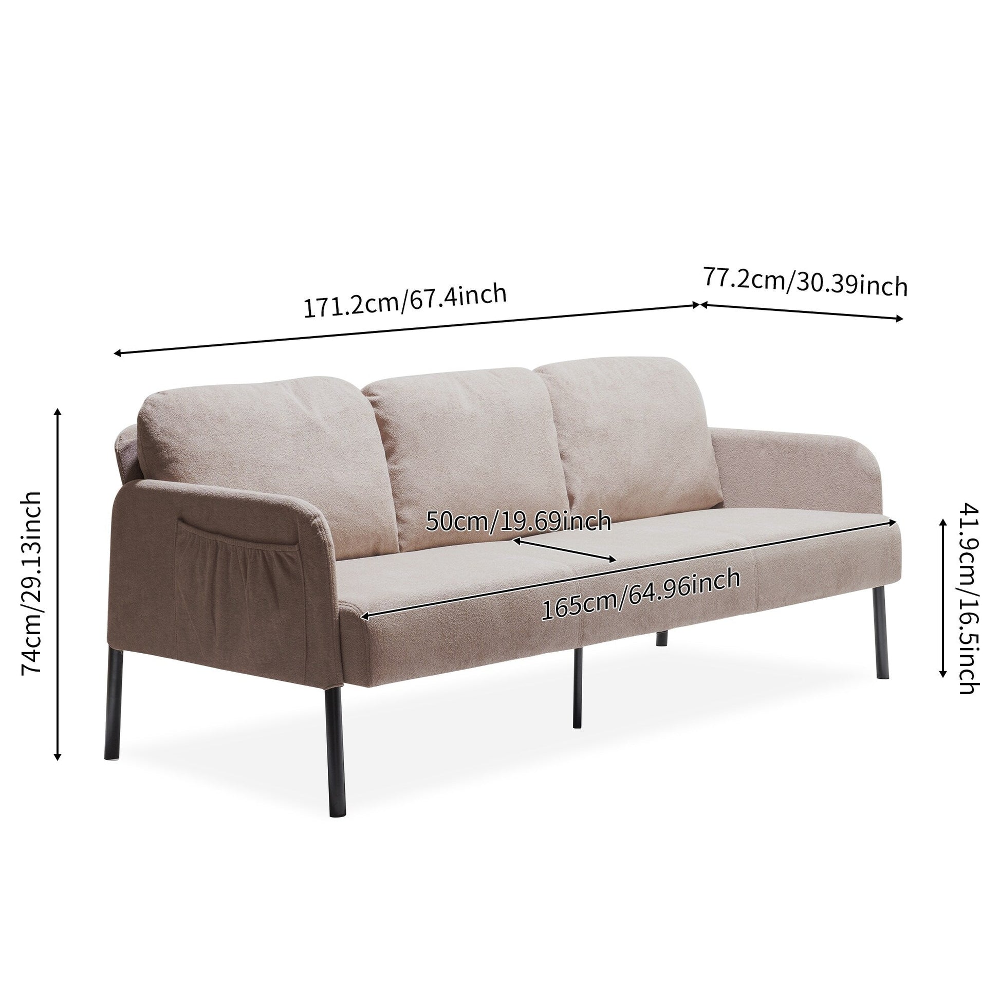 Canapé 3 places en forme de L en tissu polyester avec pouf, canapé moderne recouvert de tissu, canapé confortable et compact pour petit espace.