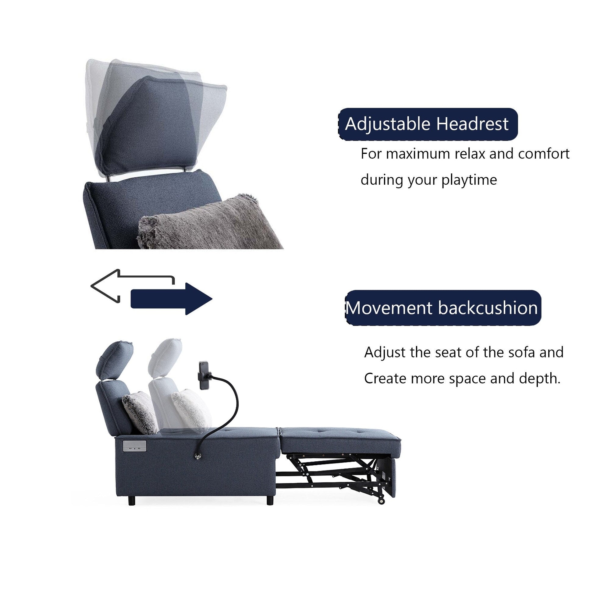 3-in-1 Convertible Chair Bed Adjustable Sofa Reclining Lounge with Bluetooth Speakers, USB Ports and Soft Pillow