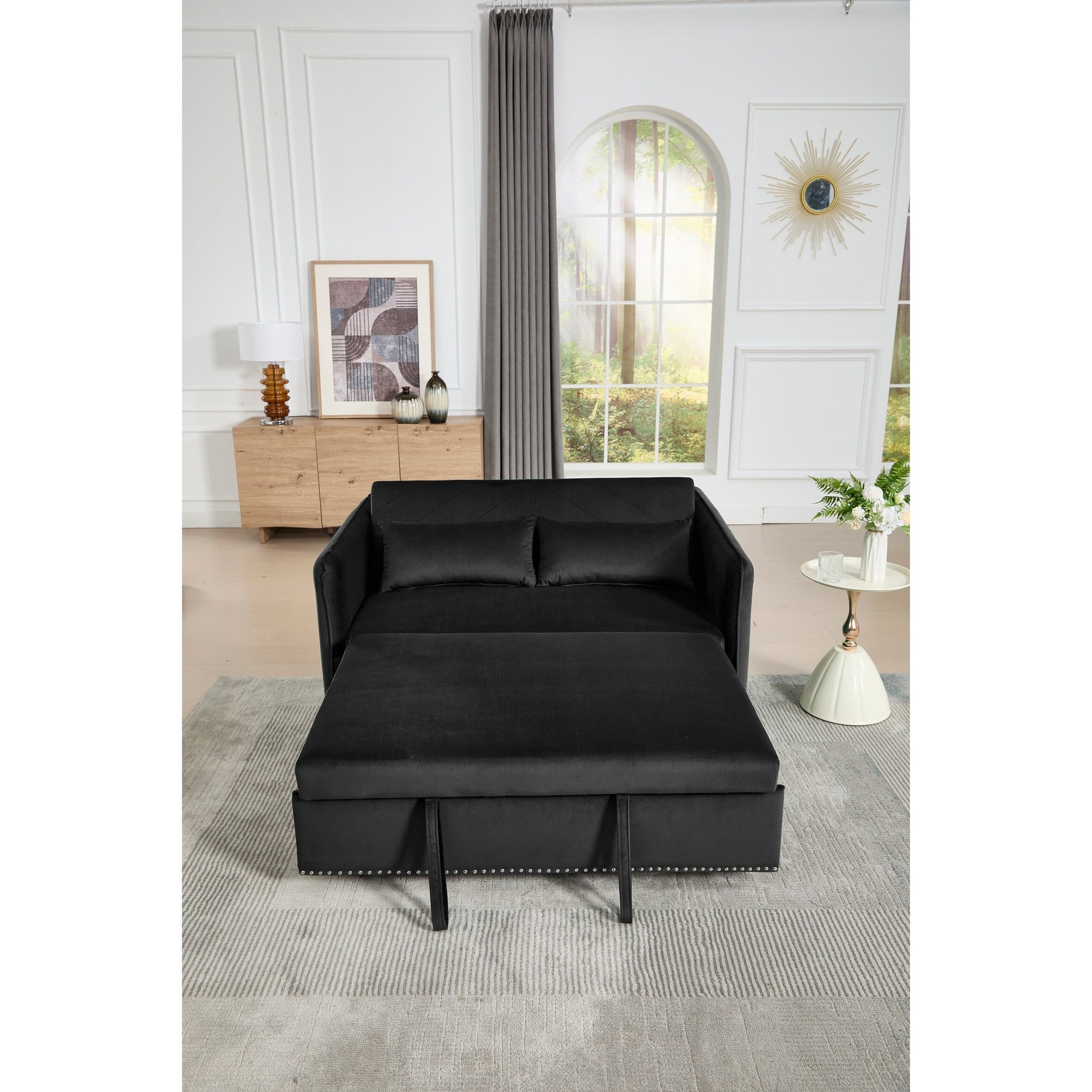 Canapé-lit convertible 3 en 1, canapé-futon, canapé-lounge 2 places avec 2 coussins, ports USB et poches latérales.