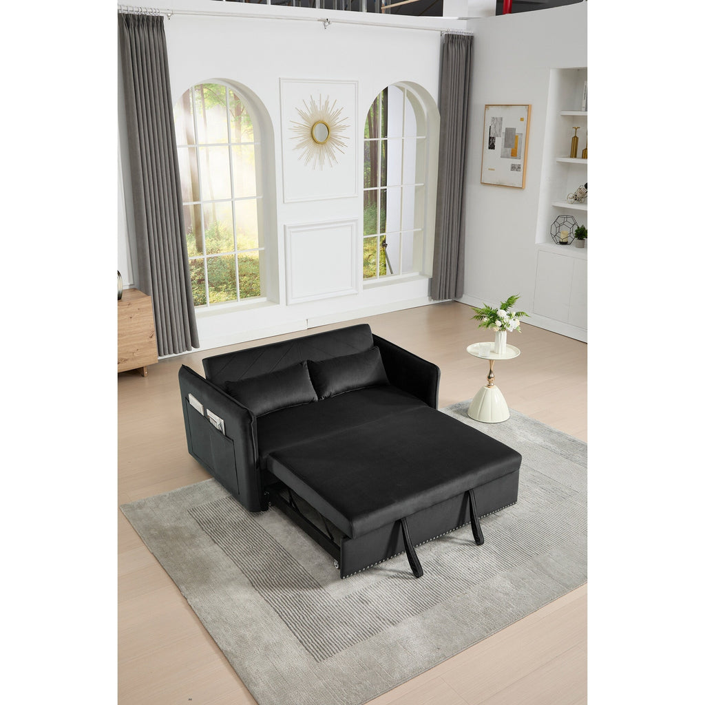 Canapé-lit convertible 3 en 1, canapé-futon, canapé-lounge 2 places avec 2 coussins, ports USB et poches latérales.