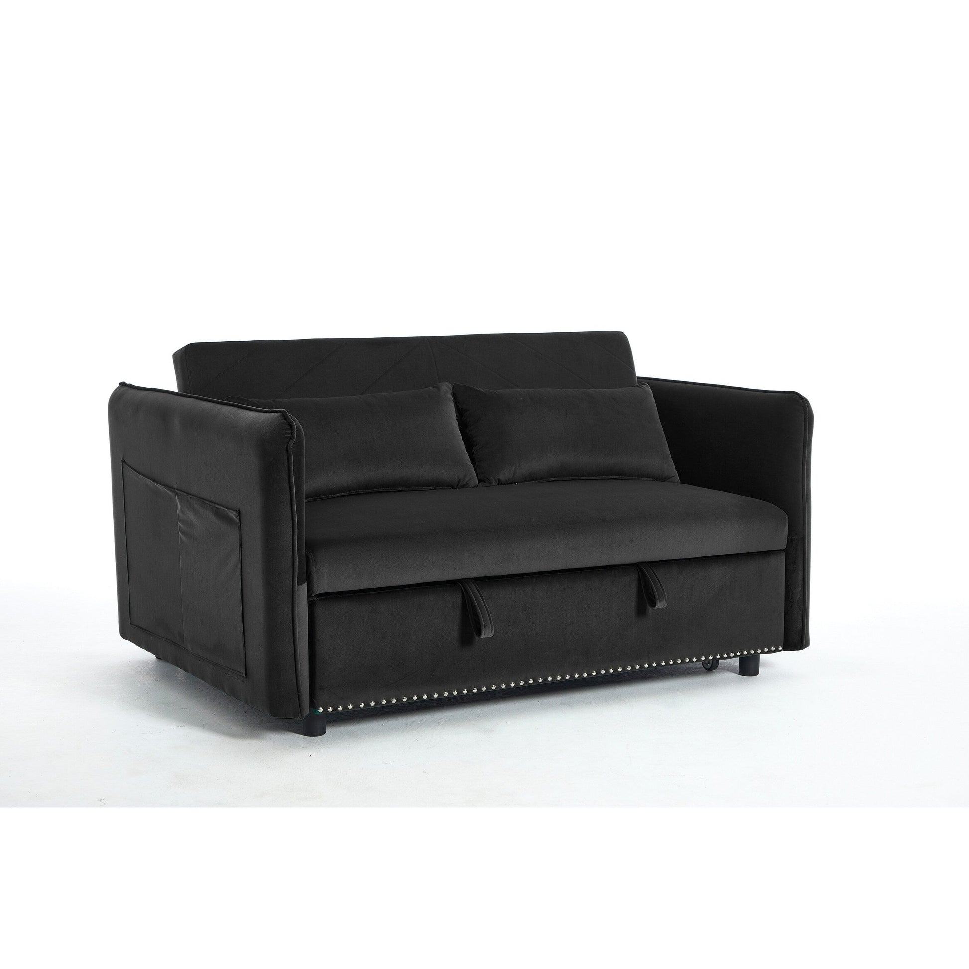 Canapé-lit convertible 3 en 1, canapé-futon, canapé-lounge 2 places avec 2 coussins, ports USB et poches latérales.