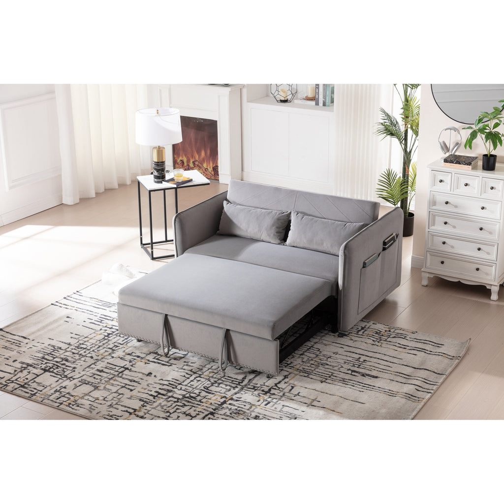 Canapé-lit convertible 3 en 1, canapé-futon, canapé-lounge 2 places avec 2 coussins, ports USB et poches latérales.