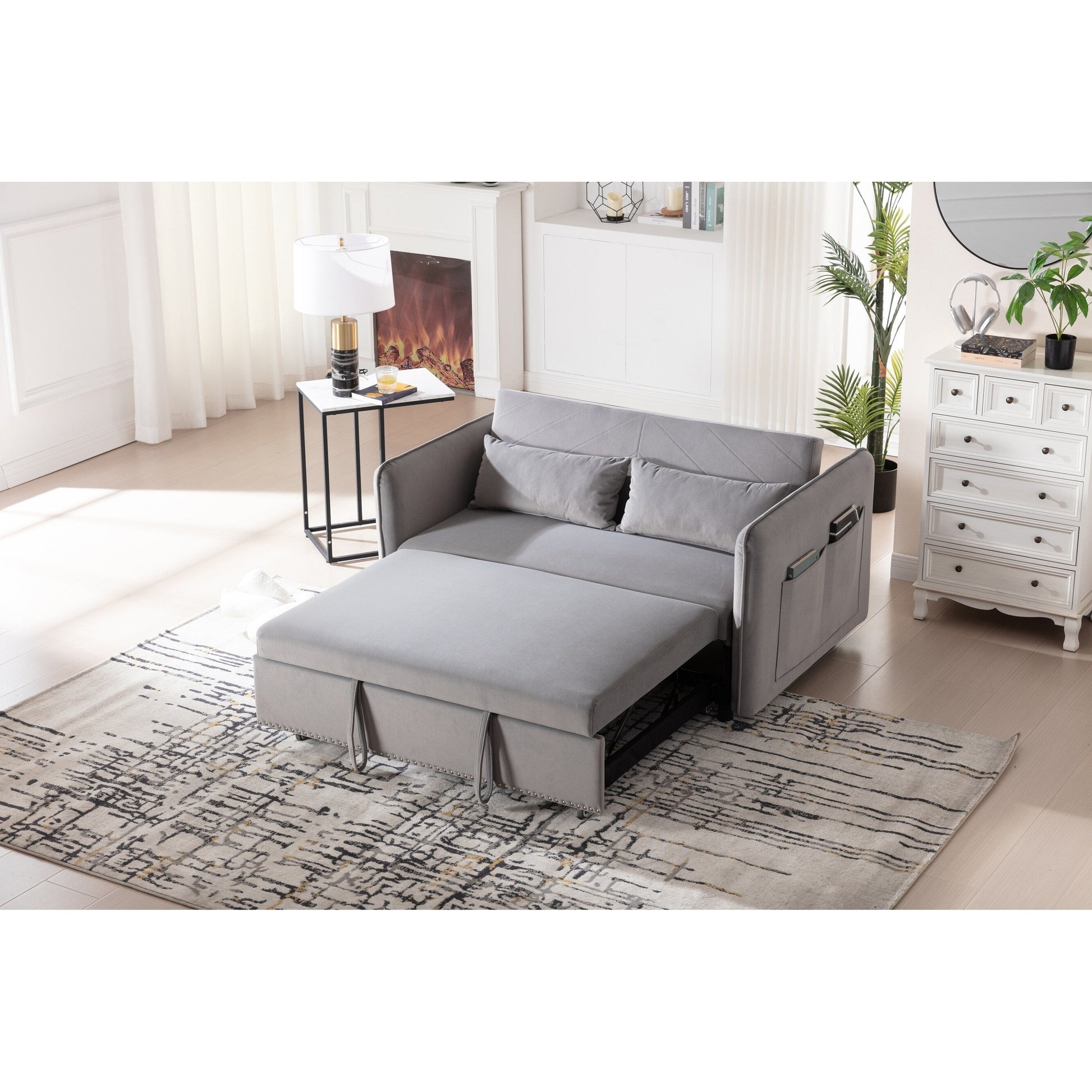 Canapé-lit convertible 3 en 1, canapé-futon, canapé-lounge 2 places avec 2 coussins, ports USB et poches latérales.