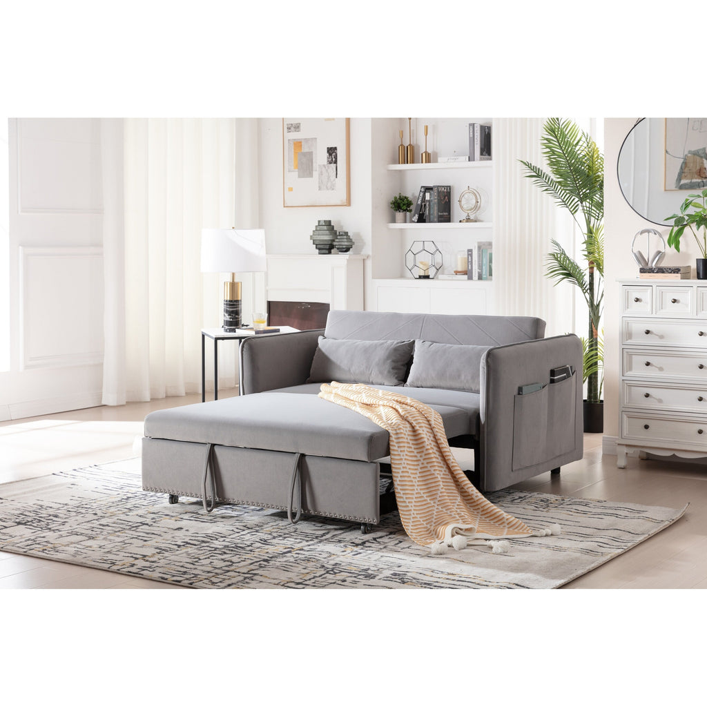 Canapé-lit convertible 3 en 1, canapé-futon, canapé-lounge 2 places avec 2 coussins, ports USB et poches latérales.
