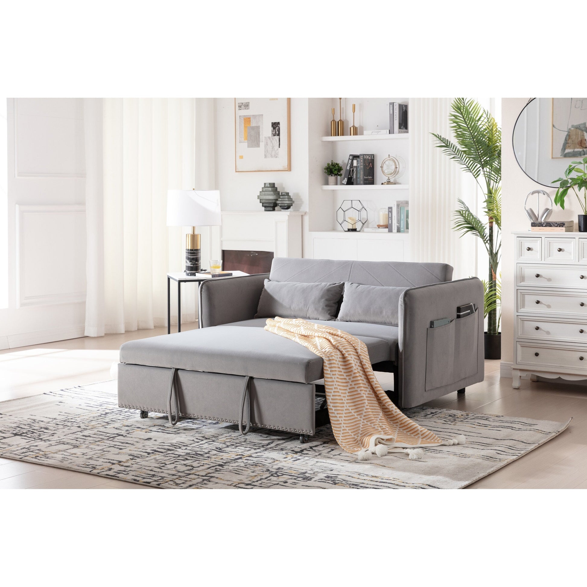 Canapé-lit convertible 3 en 1, canapé-futon, canapé-lounge 2 places avec 2 coussins, ports USB et poches latérales.