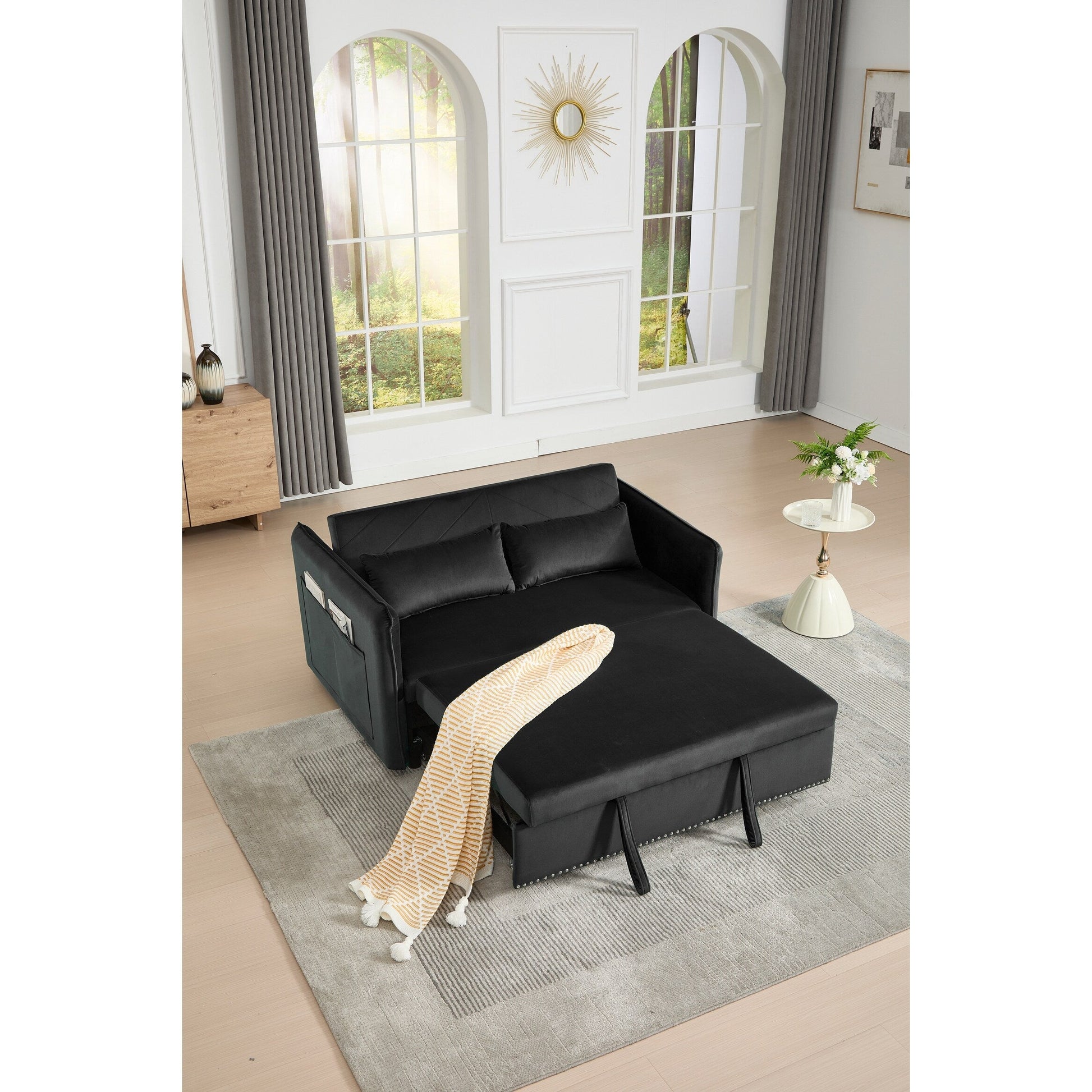 Canapé-lit convertible 3 en 1, canapé-futon, canapé-lounge 2 places avec 2 coussins, ports USB et poches latérales.