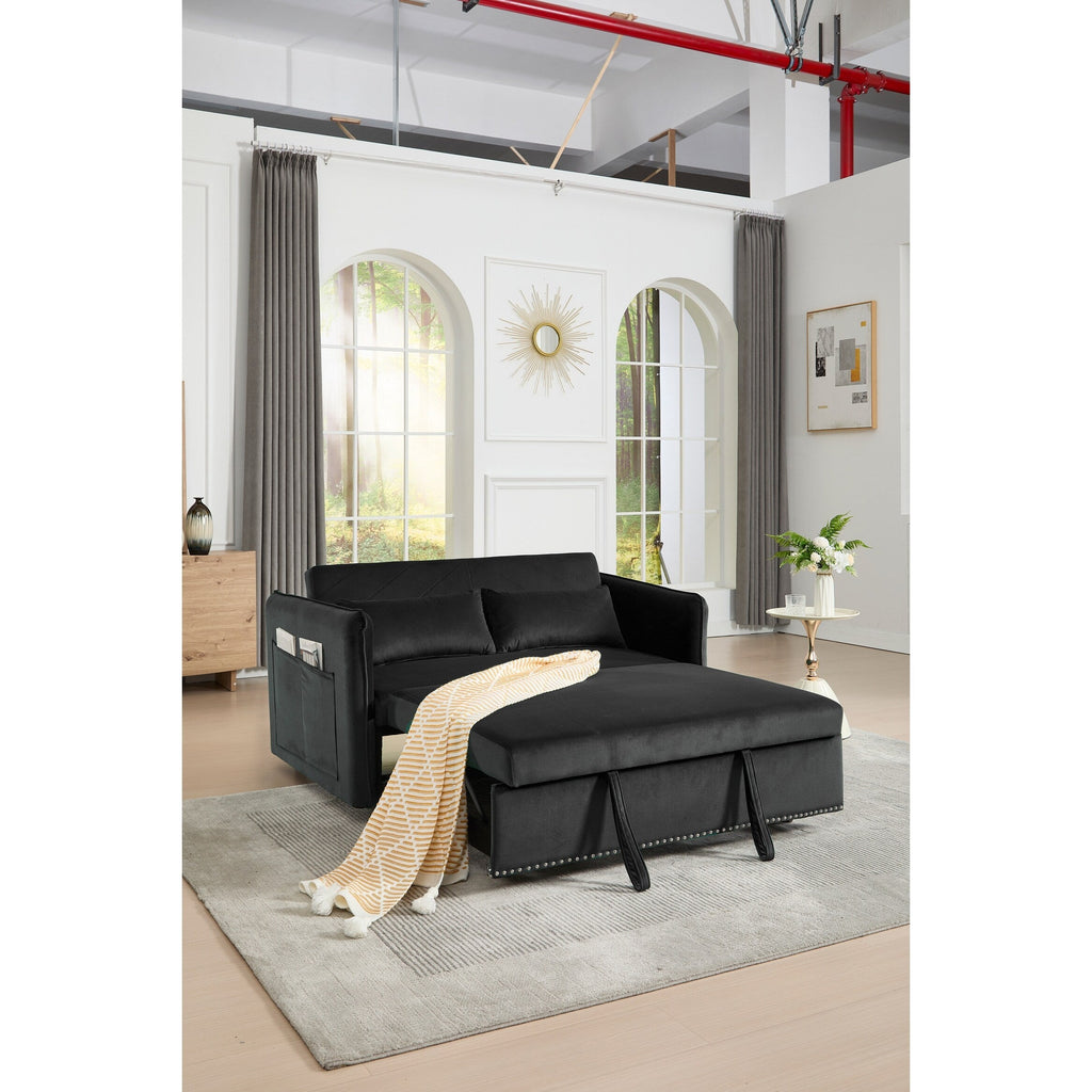 Canapé-lit convertible 3 en 1, canapé-futon, canapé-lounge 2 places avec 2 coussins, ports USB et poches latérales.