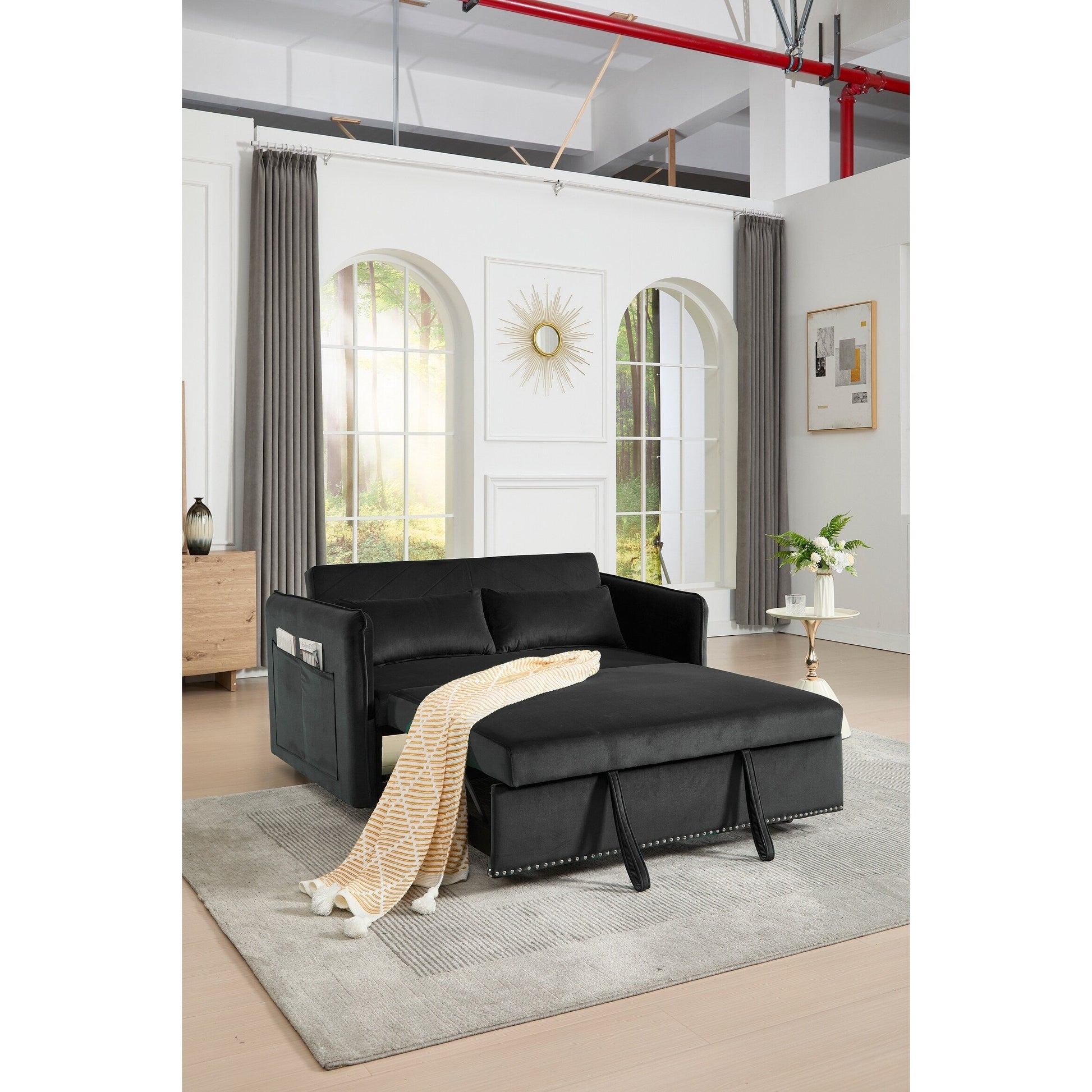 Canapé-lit convertible 3 en 1, canapé-futon, canapé-lounge 2 places avec 2 coussins, ports USB et poches latérales.