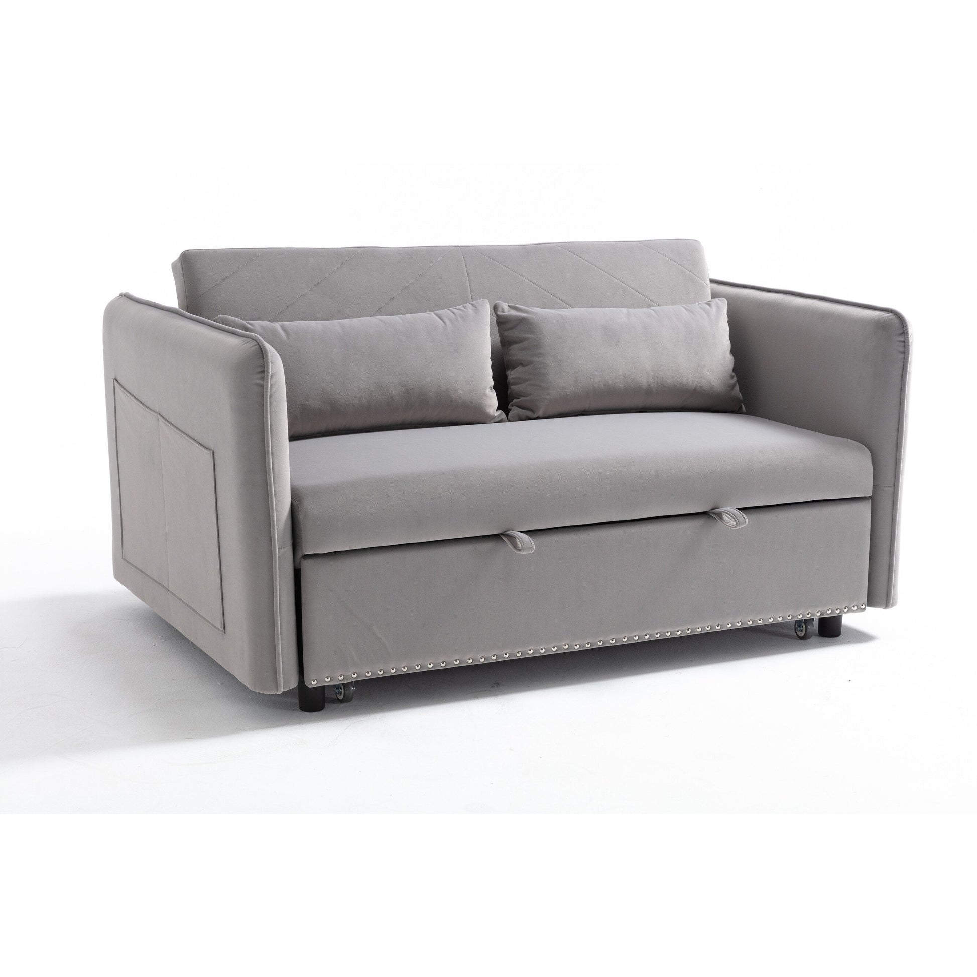 Canapé-lit convertible 3 en 1, canapé-futon, canapé-lounge 2 places avec 2 coussins, ports USB et poches latérales.