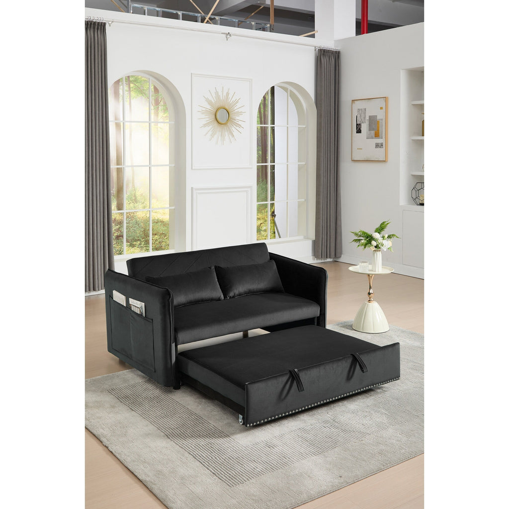 Canapé-lit convertible 3 en 1, canapé-futon, canapé-lounge 2 places avec 2 coussins, ports USB et poches latérales.