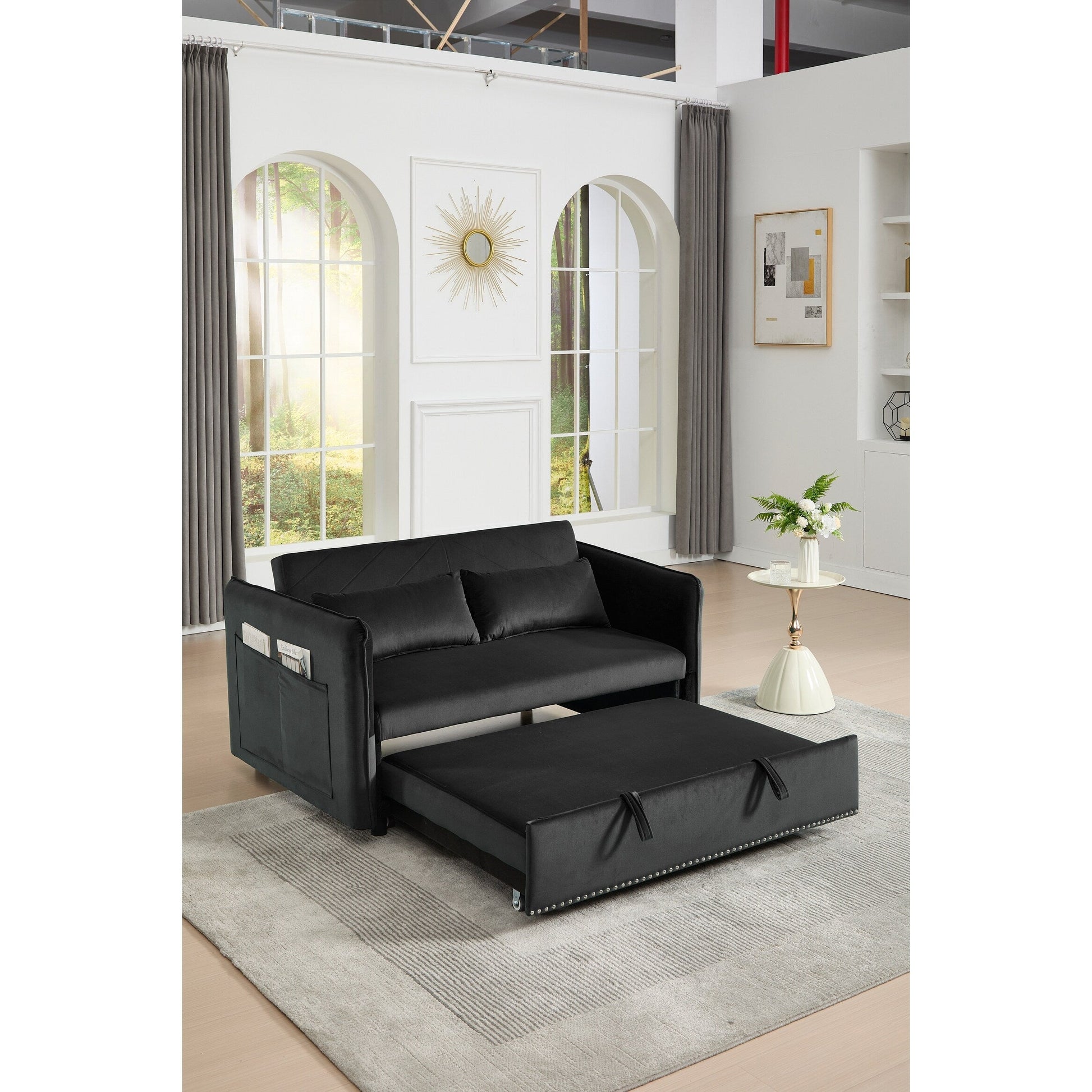 Canapé-lit convertible 3 en 1, canapé-futon, canapé-lounge 2 places avec 2 coussins, ports USB et poches latérales.