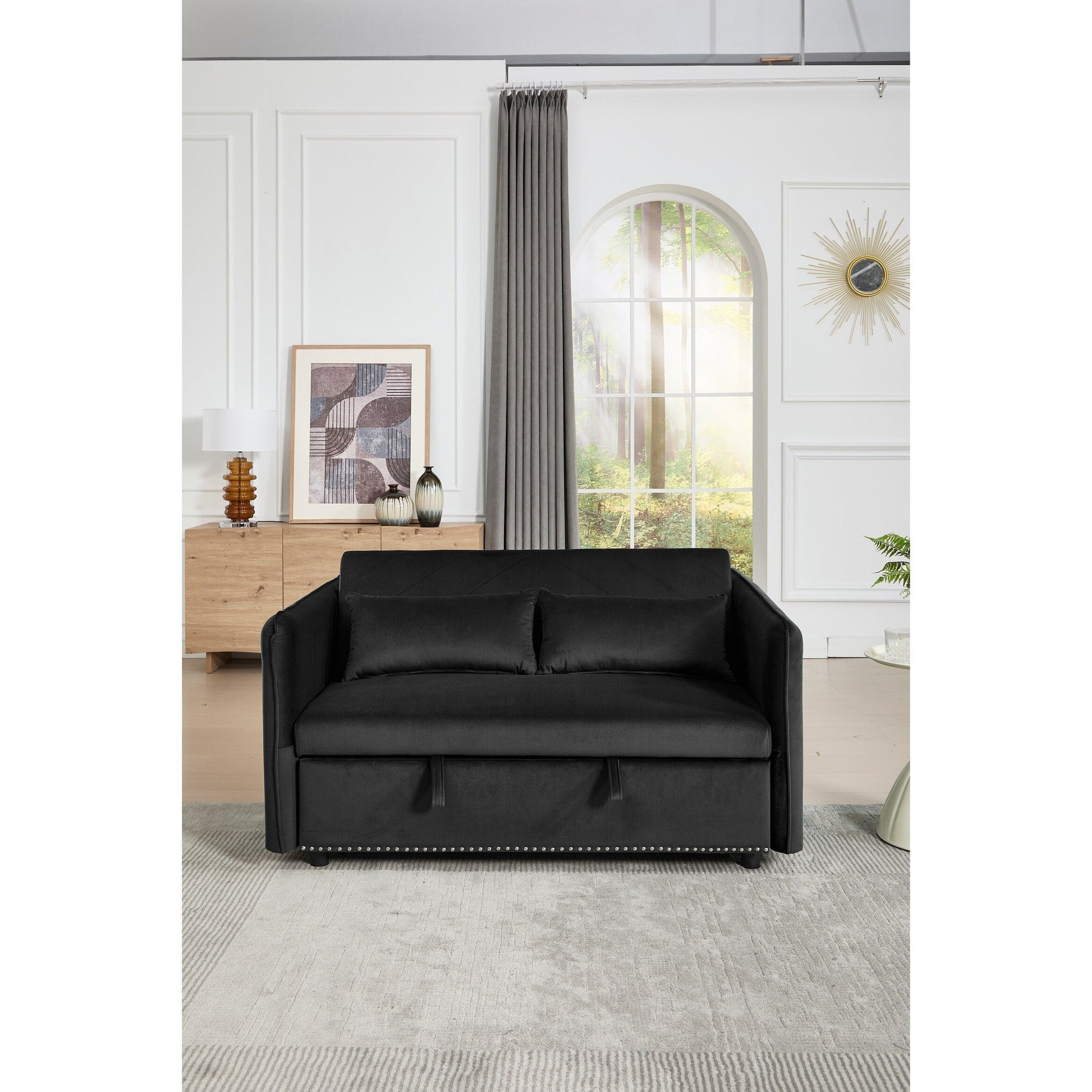 Canapé-lit convertible 3 en 1, canapé-futon, canapé-lounge 2 places avec 2 coussins, ports USB et poches latérales.