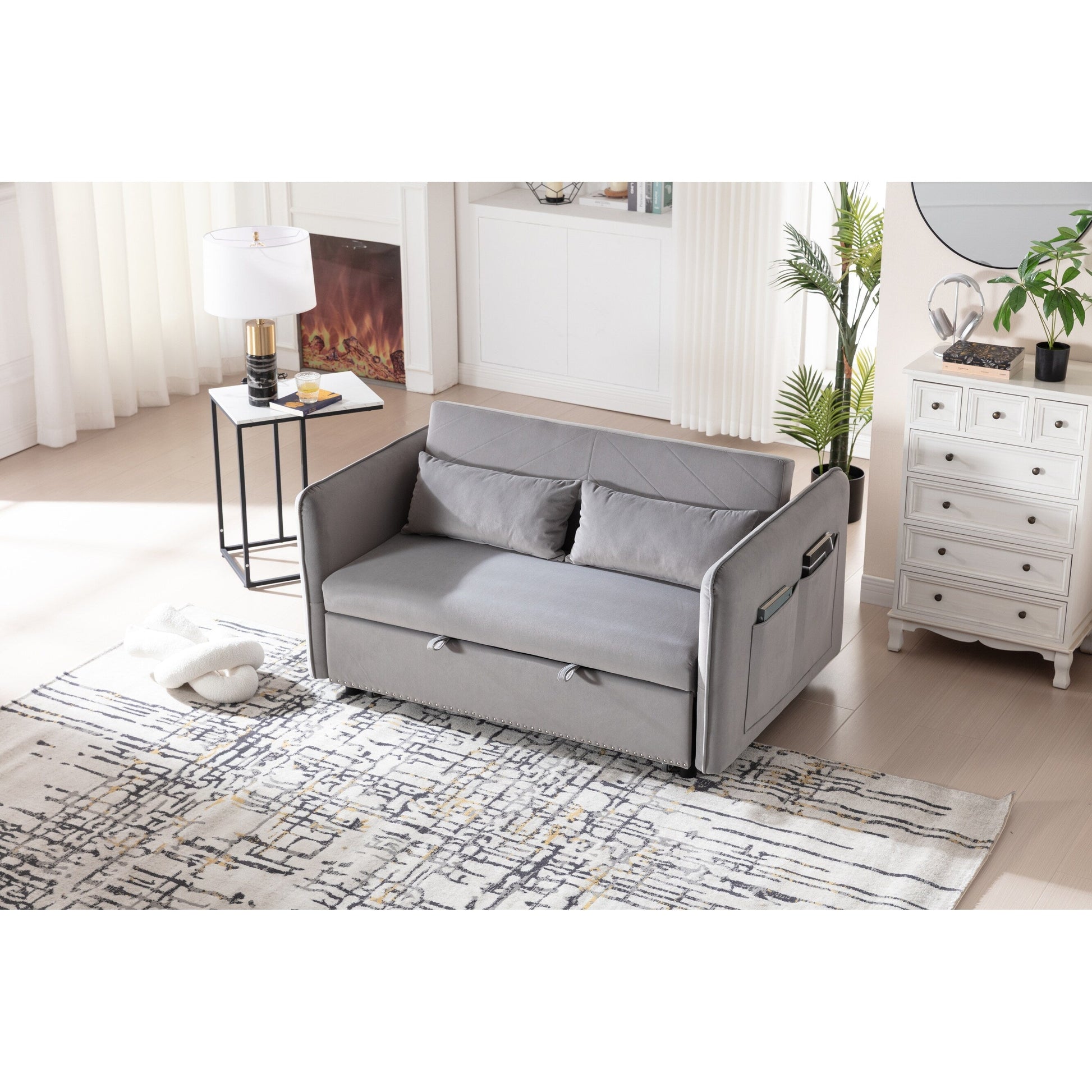 Canapé-lit convertible 3 en 1, canapé-futon, canapé-lounge 2 places avec 2 coussins, ports USB et poches latérales.