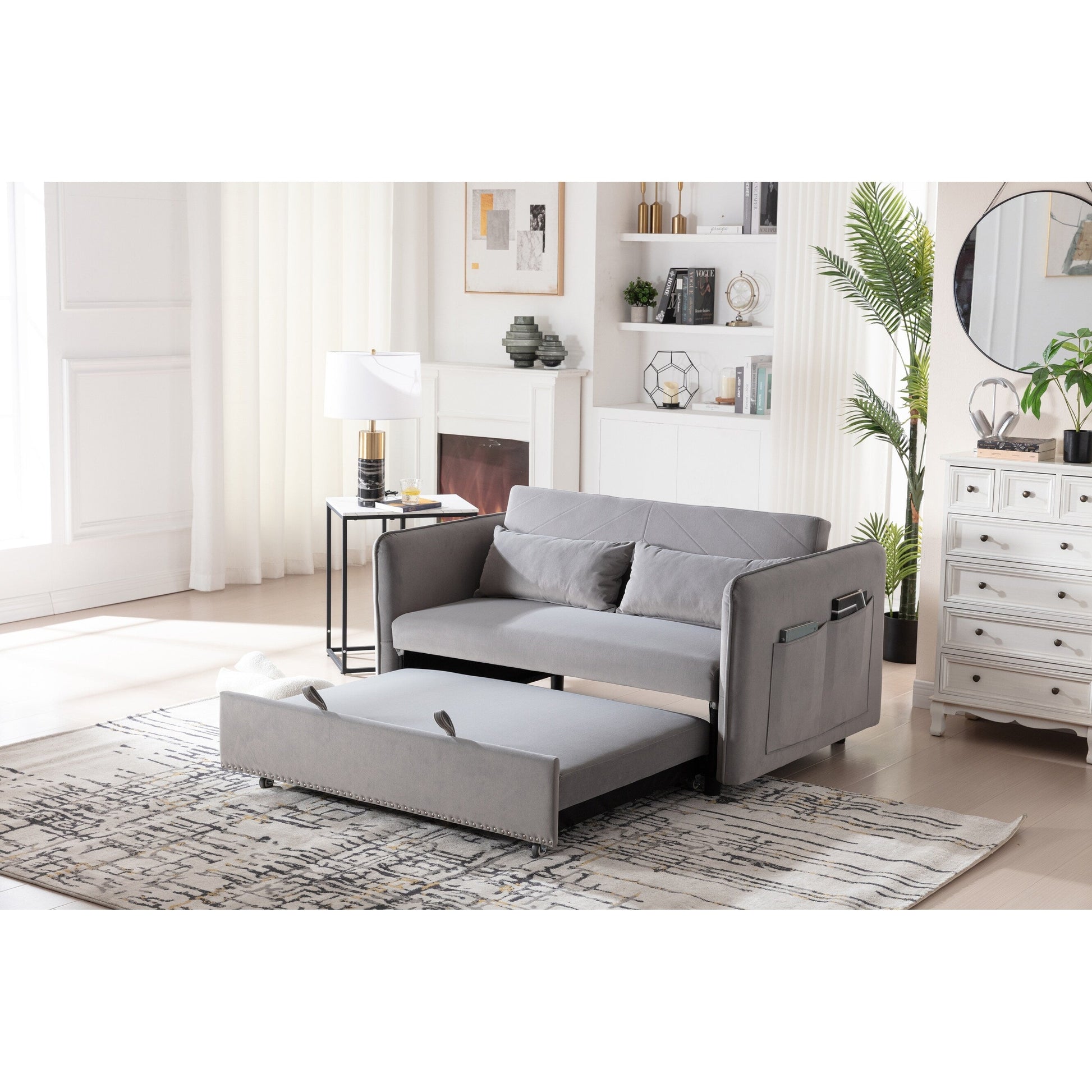 Canapé-lit convertible 3 en 1, canapé-futon, canapé-lounge 2 places avec 2 coussins, ports USB et poches latérales.