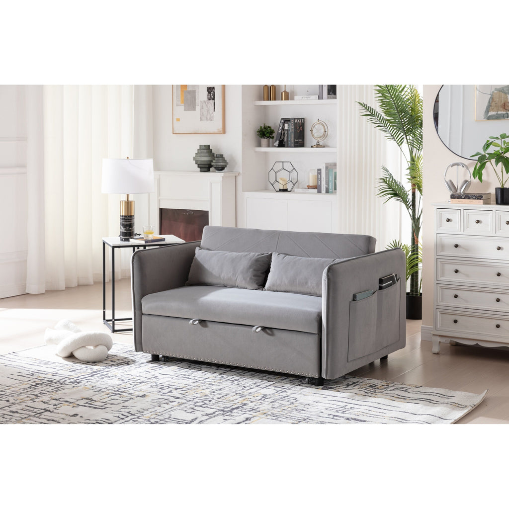Canapé-lit convertible 3 en 1, canapé-futon, canapé-lounge 2 places avec 2 coussins, ports USB et poches latérales.
