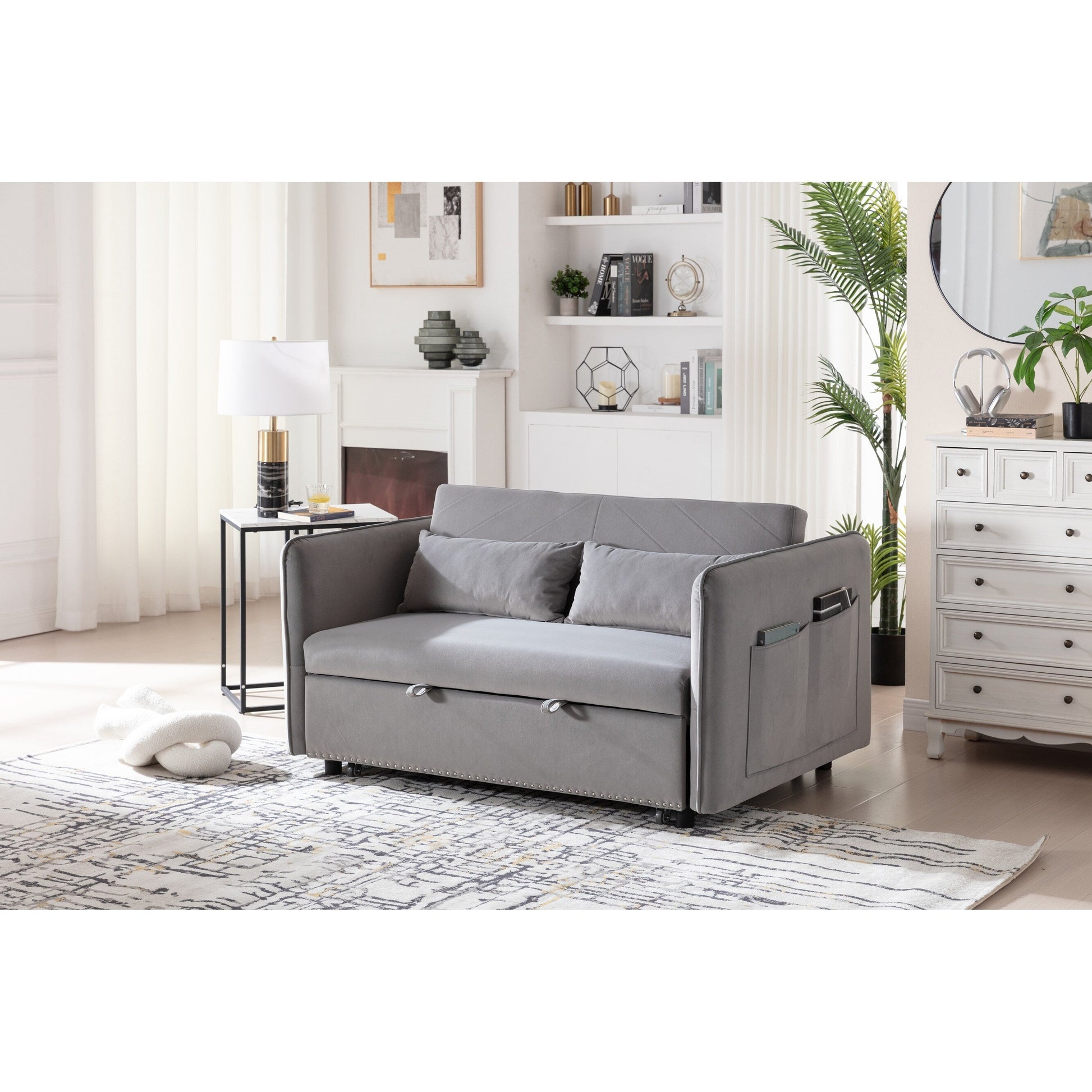 Canapé-lit convertible 3 en 1, canapé-futon, canapé-lounge 2 places avec 2 coussins, ports USB et poches latérales.