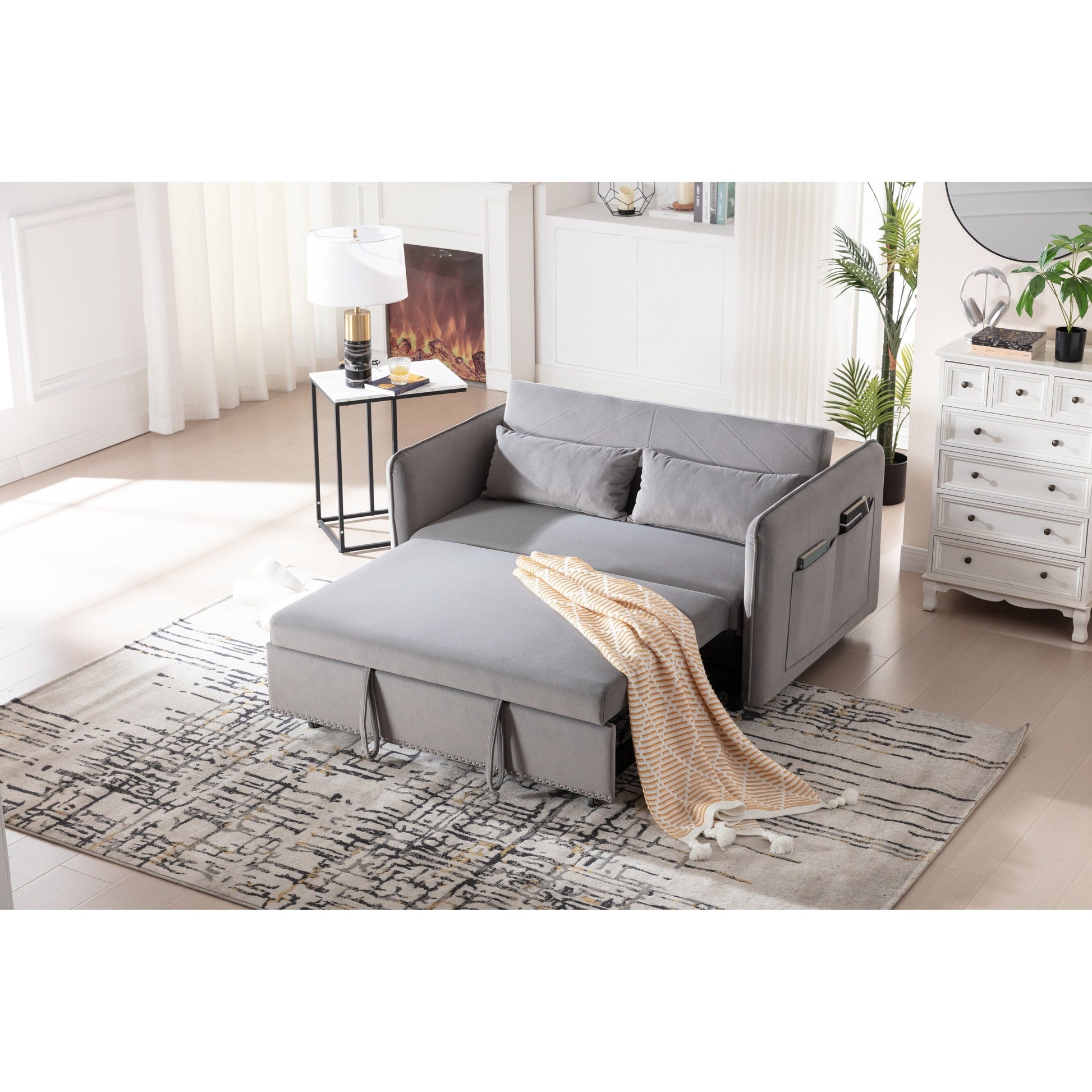 Canapé-lit convertible 3 en 1, canapé-futon, canapé-lounge 2 places avec 2 coussins, ports USB et poches latérales.