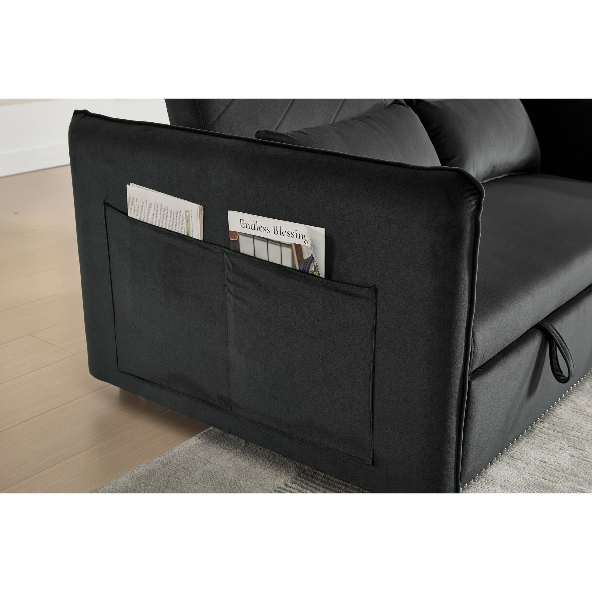 Canapé-lit convertible 3 en 1, canapé-futon, canapé-lounge 2 places avec 2 coussins, ports USB et poches latérales.