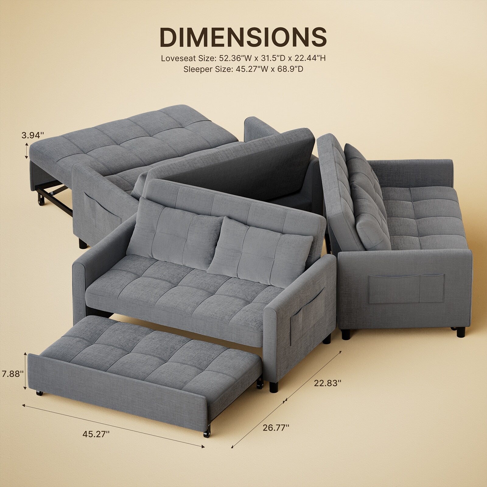 Canapé-lit convertible 3 en 1, canapé-lit futon avec lit escamotable et dossier réglable.