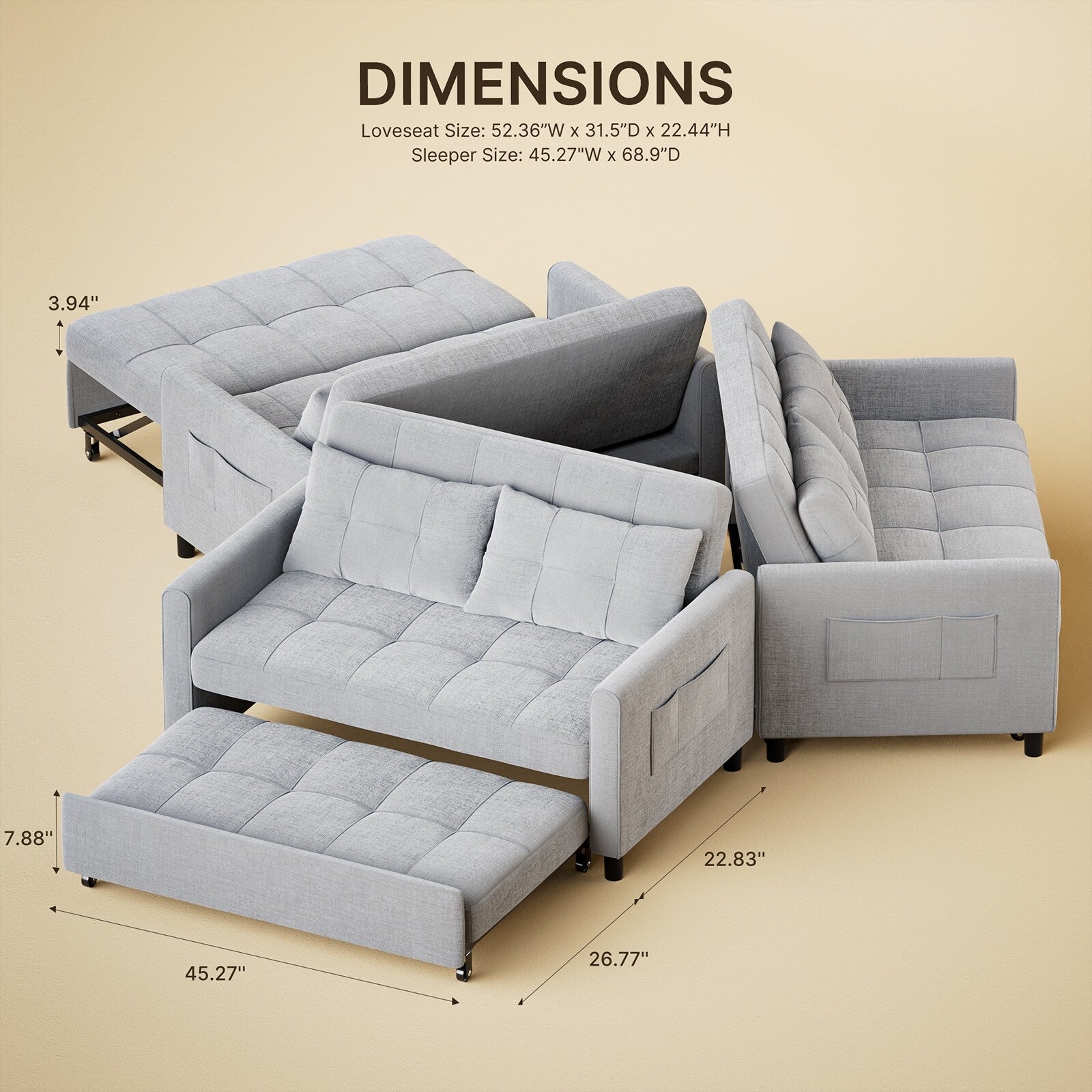 Canapé-lit convertible 3 en 1, canapé-lit futon avec lit escamotable et dossier réglable.