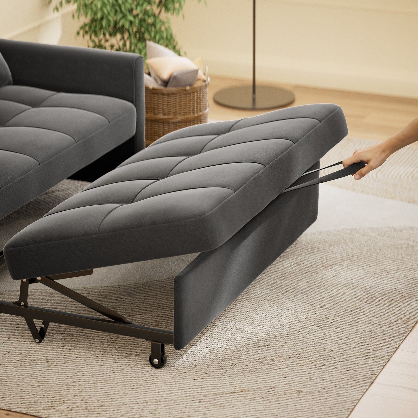 Canapé-lit convertible 3-en-1, chaise longue, méridienne, avec lit escamotable, en velours/tissu