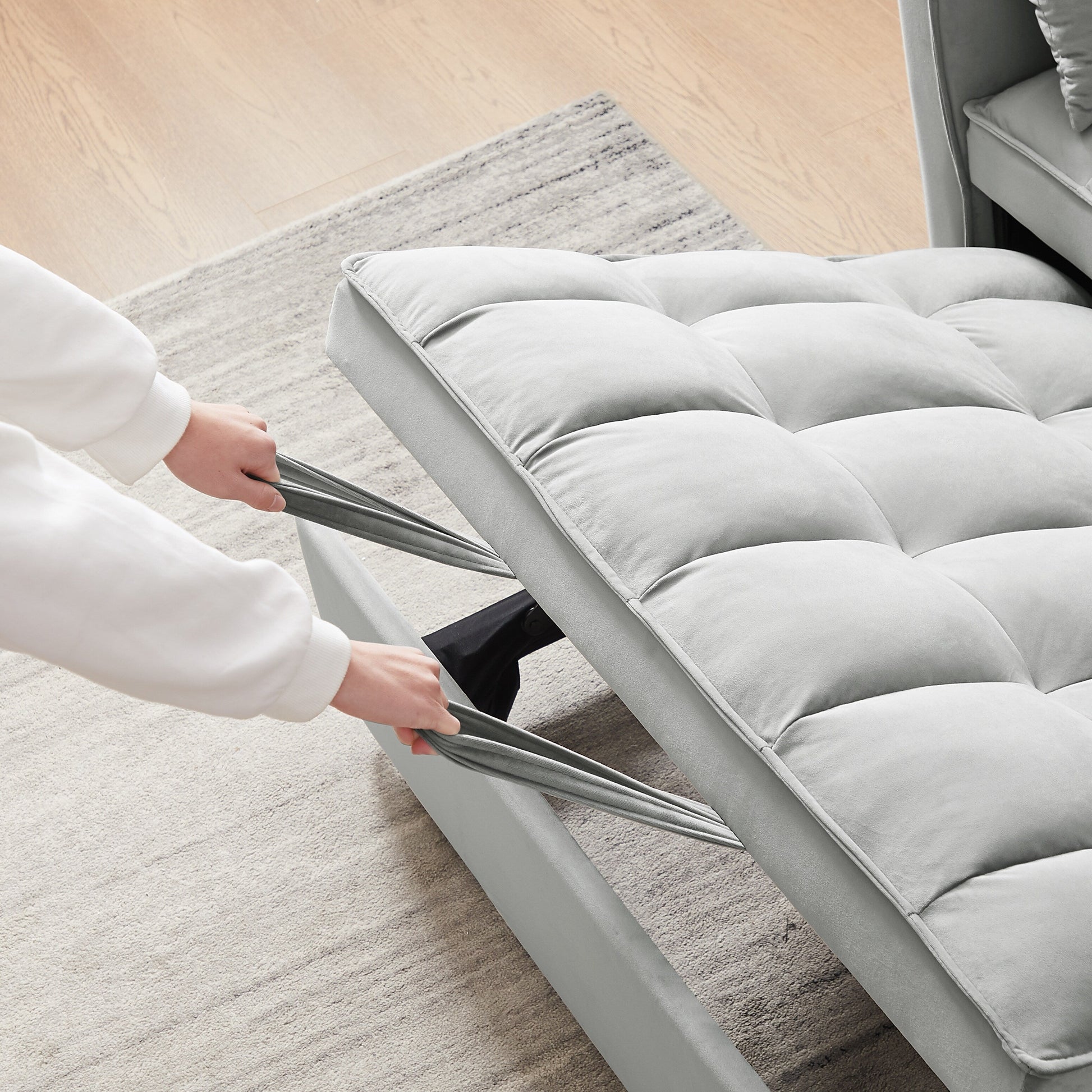 Canapé-lit futon 3-en-1 moderne en velours avec poches pour coussins, gris.