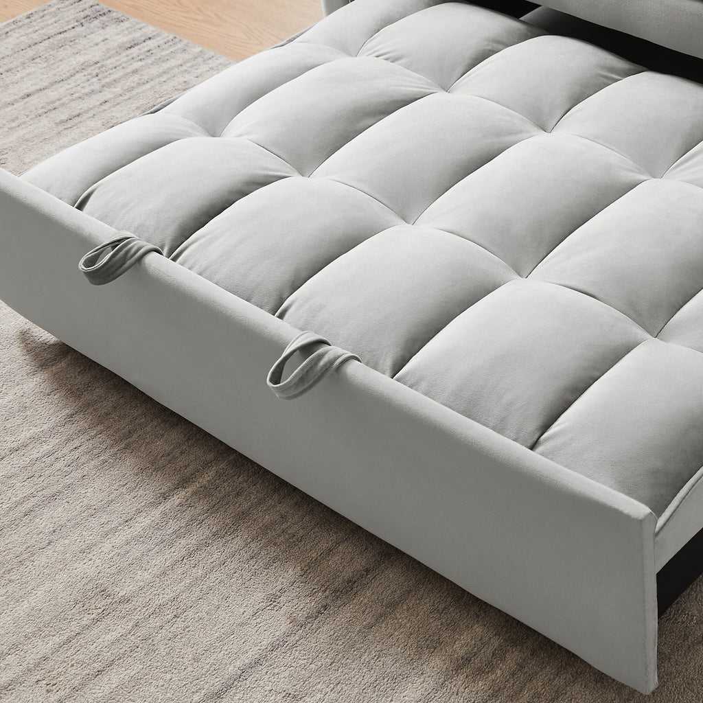 Canapé-lit futon 3-en-1 moderne en velours avec poches pour coussins, gris.