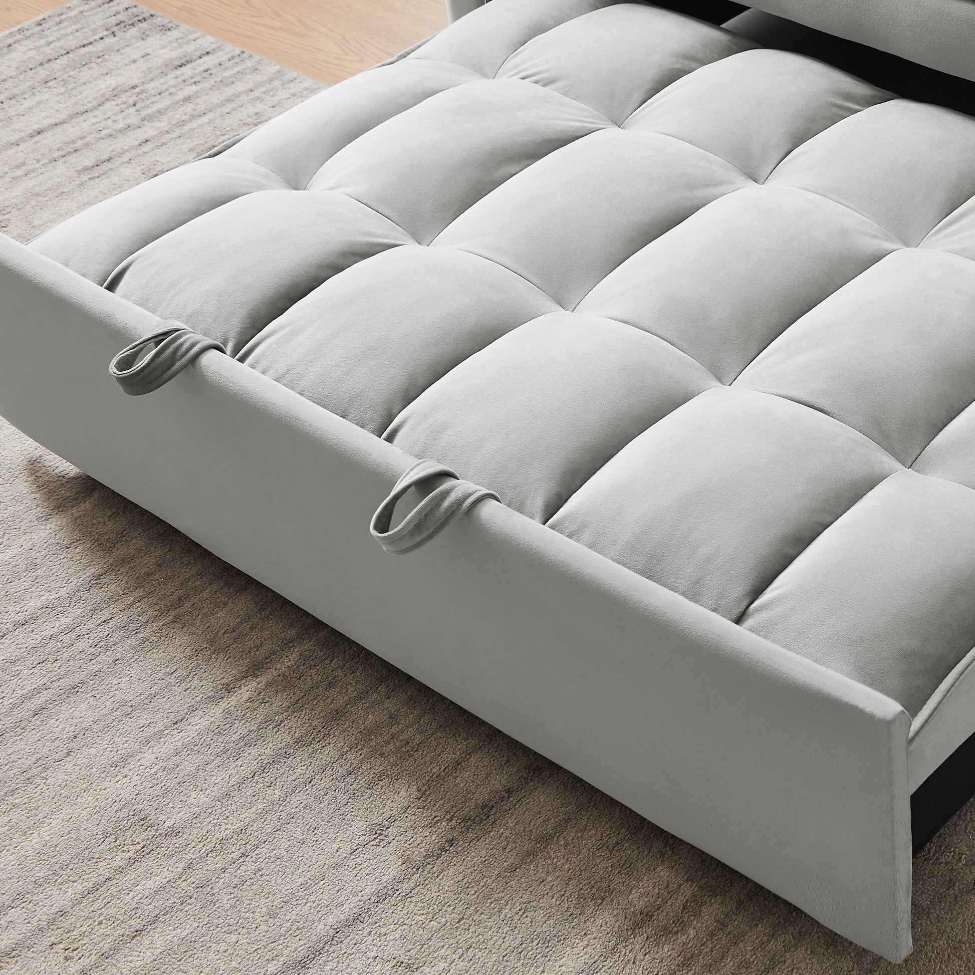 Canapé-lit futon 3-en-1 moderne en velours avec poches pour coussins, gris.