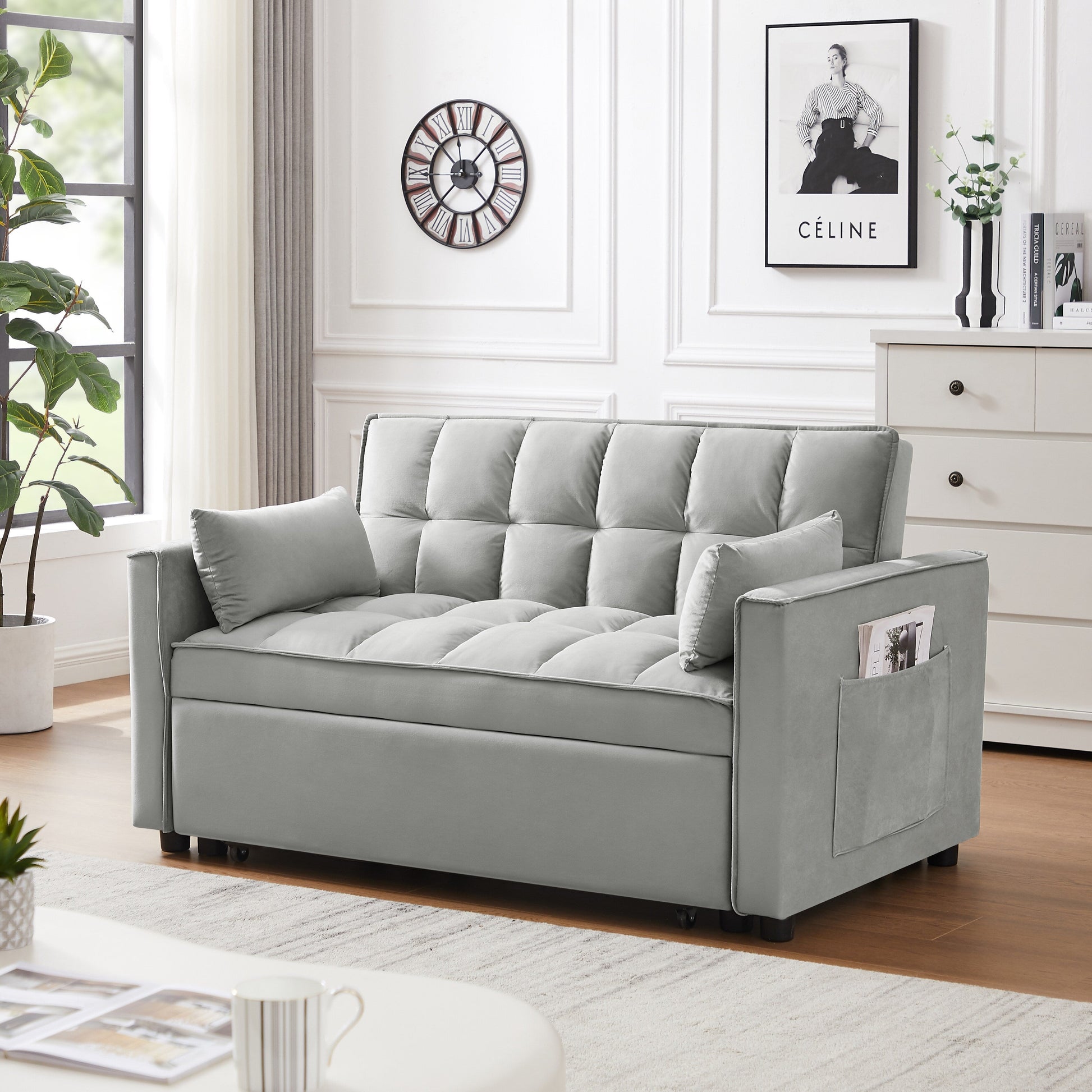Canapé-lit futon 3-en-1 moderne en velours avec poches pour coussins, gris.