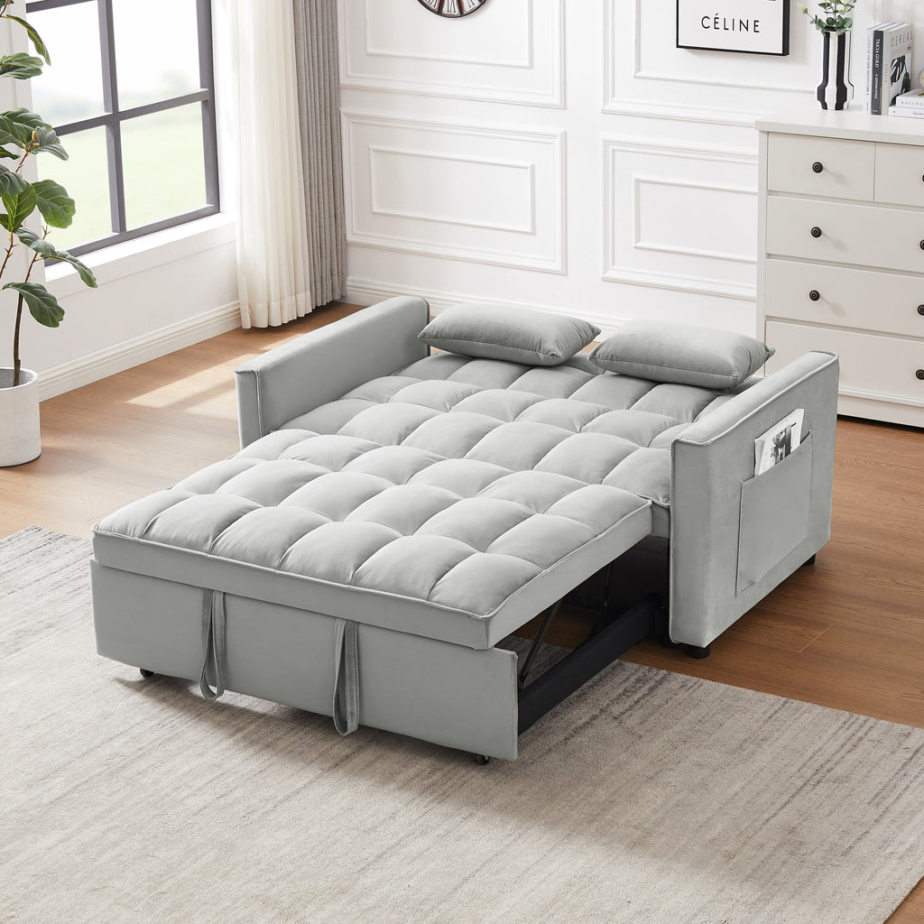 Canapé-lit futon 3-en-1 moderne en velours avec poches pour coussins, gris.