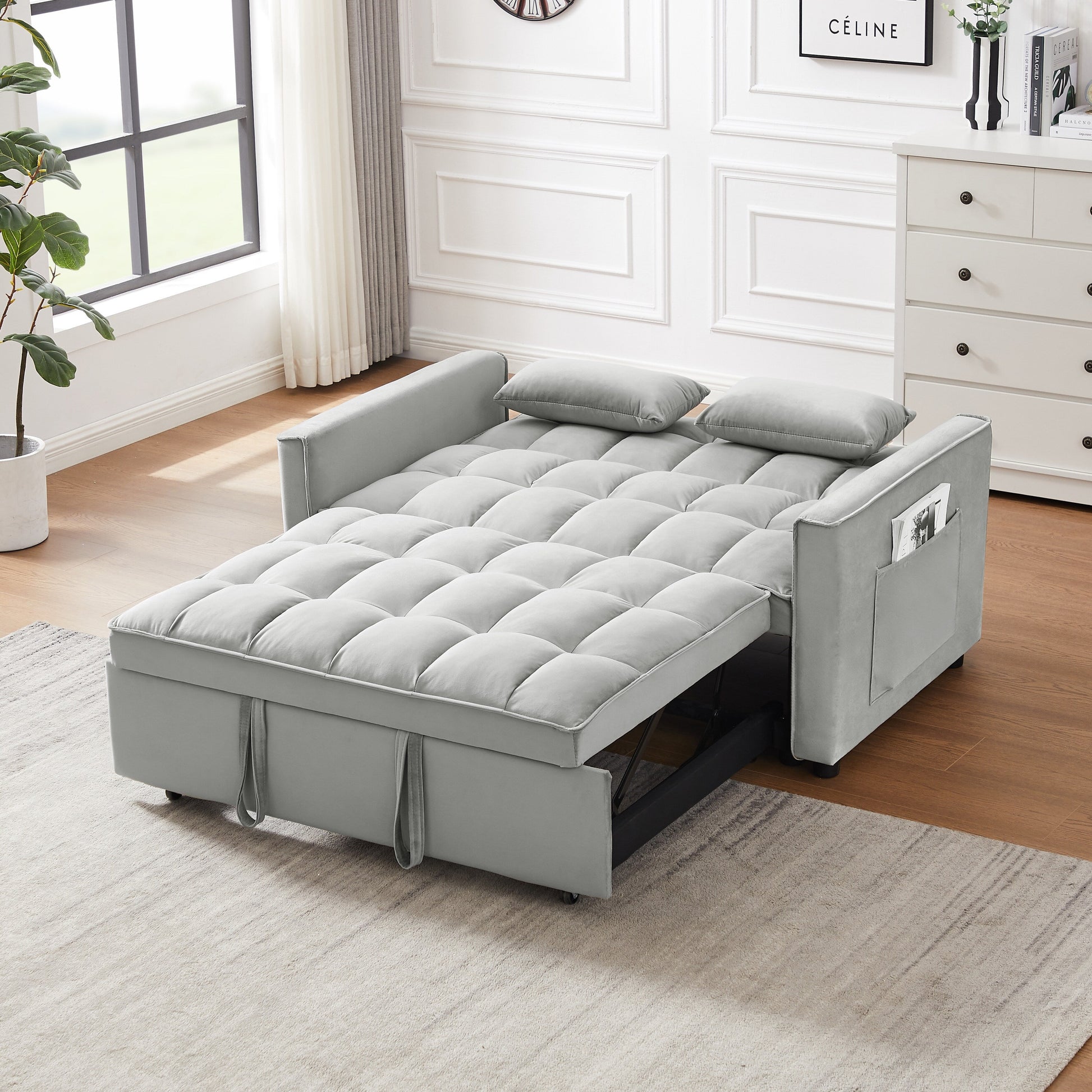 Canapé-lit futon 3-en-1 moderne en velours avec poches pour coussins, gris.
