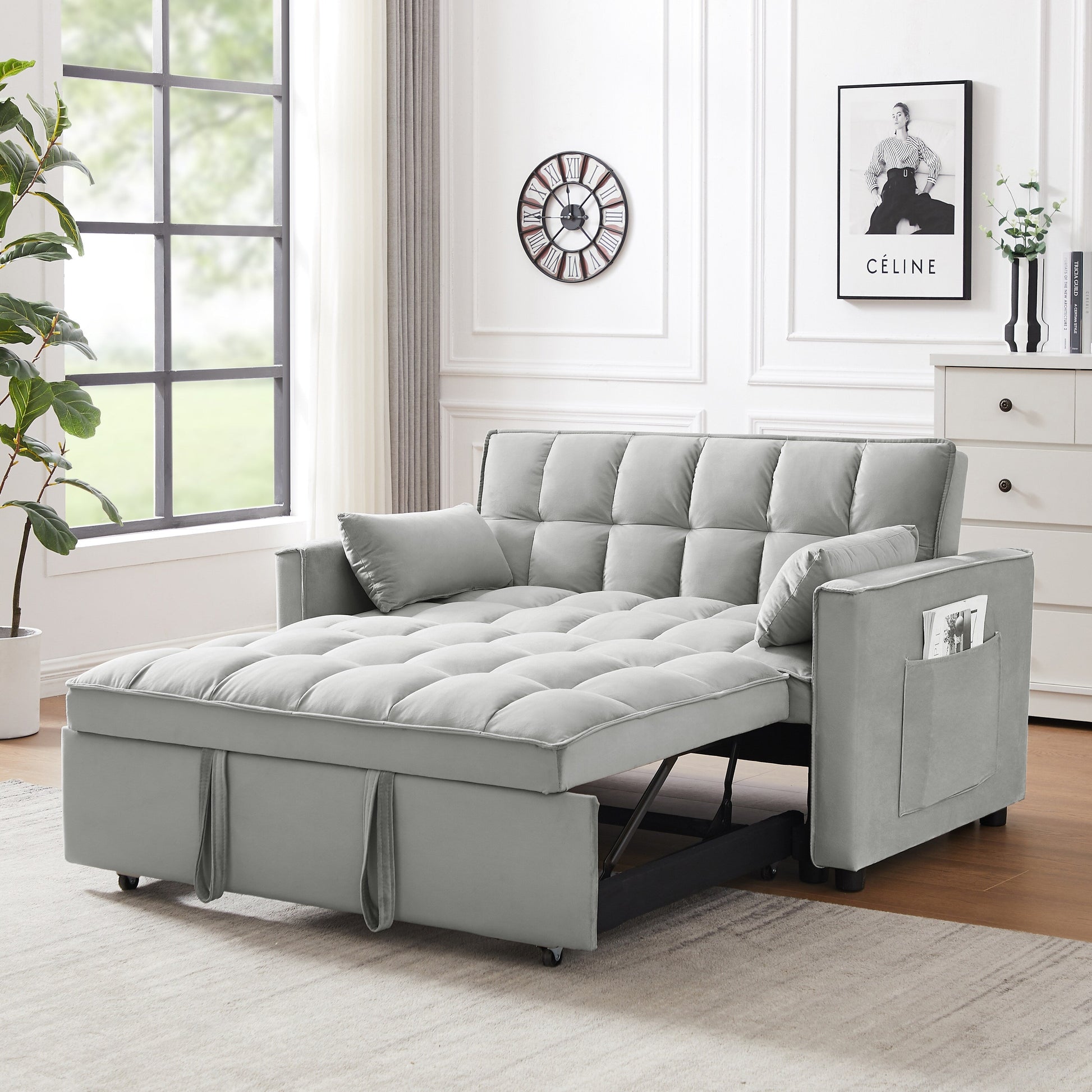 Canapé-lit futon 3-en-1 moderne en velours avec poches pour coussins, gris.