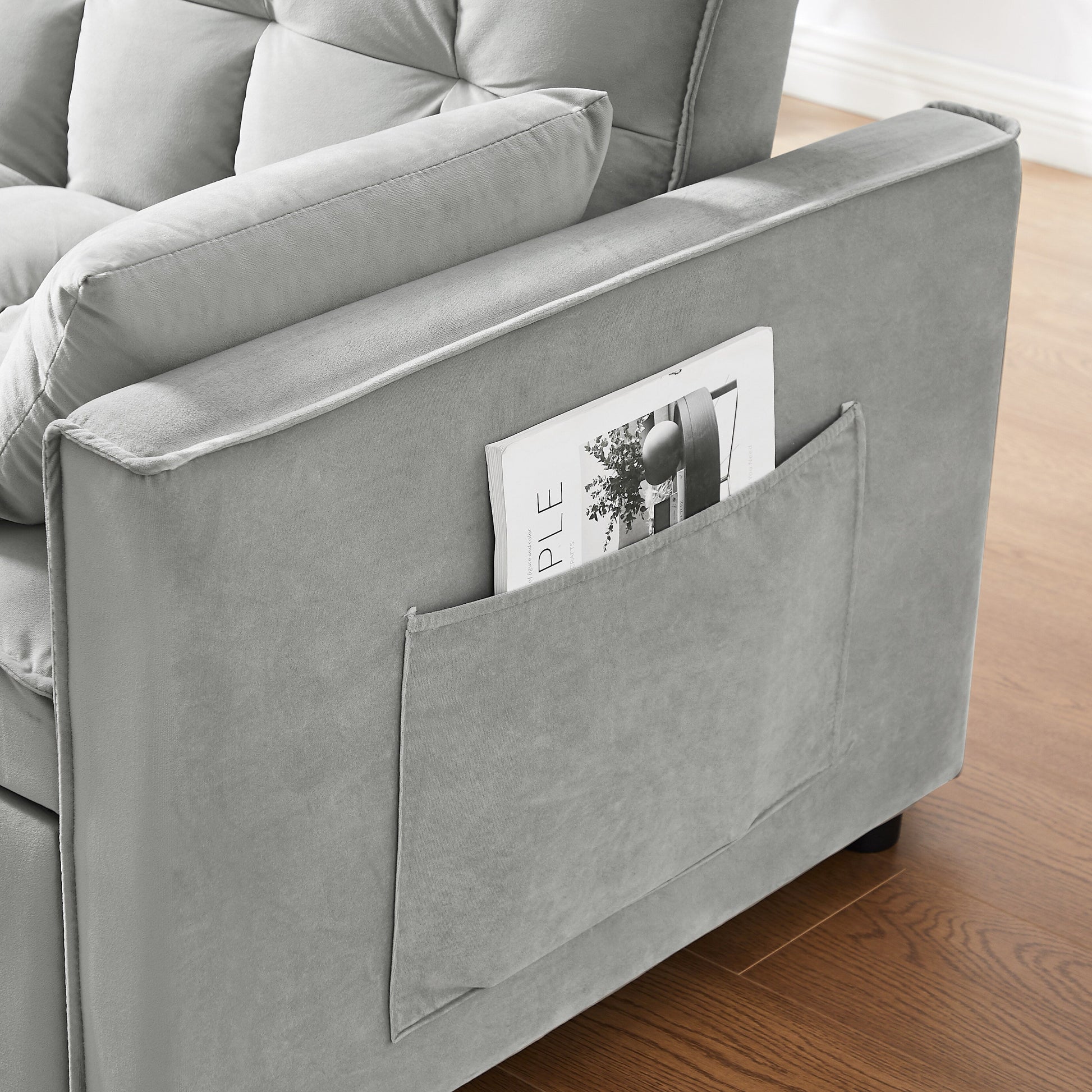 Canapé-lit futon 3-en-1 moderne en velours avec poches pour coussins, gris.