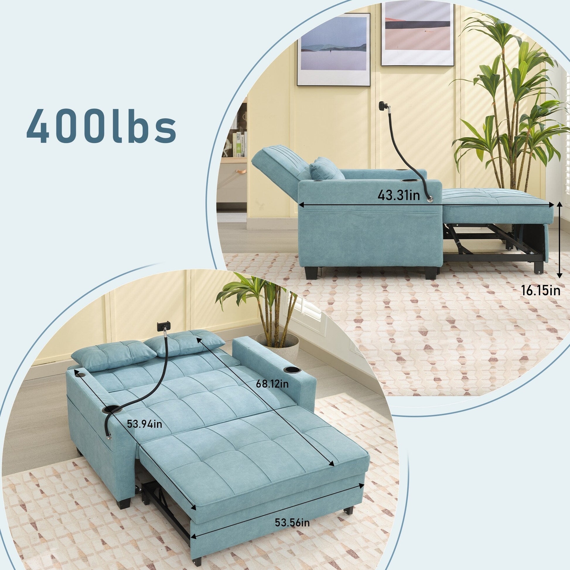 Canapé-lit convertible 3-en-1 avec ports USB