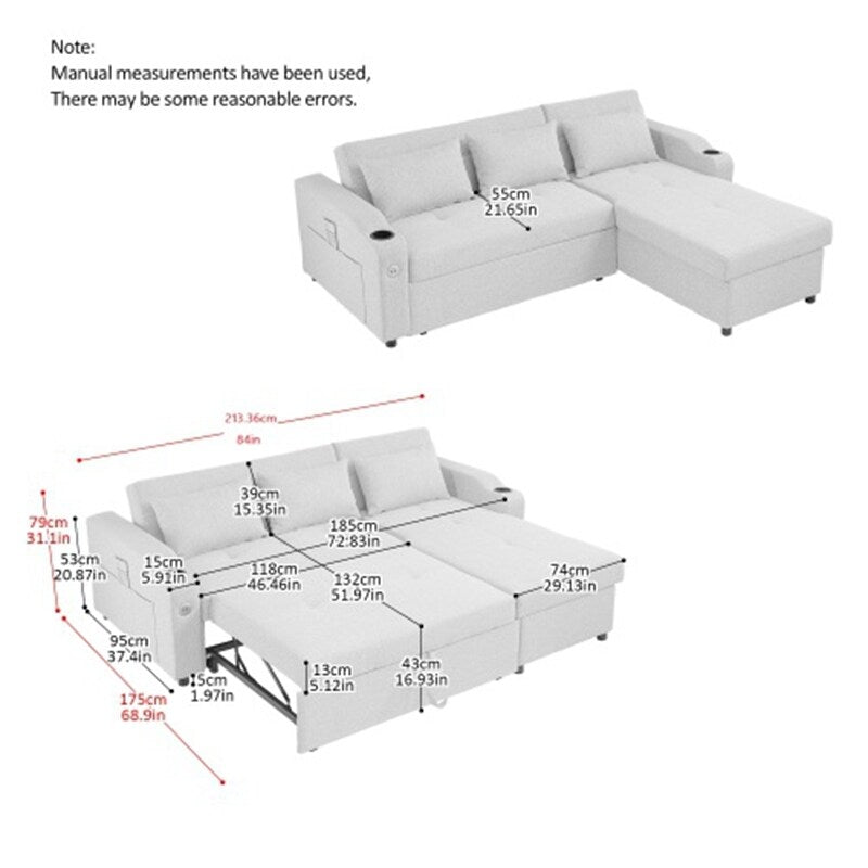 Canapé-lit 3 en 1 avec ports USB et porte-gobelets