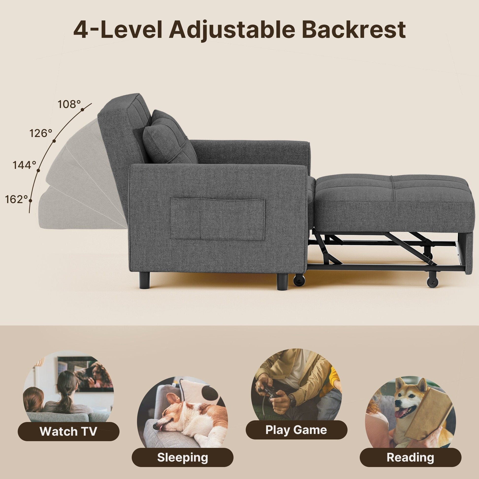 Canapé-lit escamotable 3-en-1, fauteuil convertible, inclinable, pliable et recouvert de tissu.
