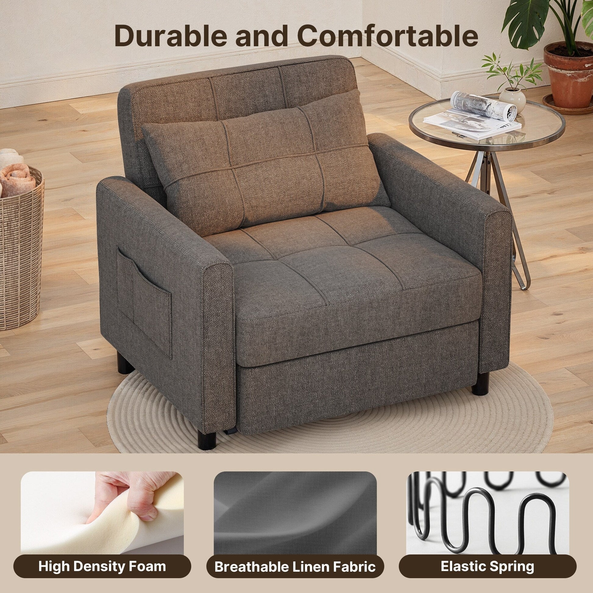 Canapé-lit escamotable 3-en-1, fauteuil convertible, inclinable, pliable et recouvert de tissu.
