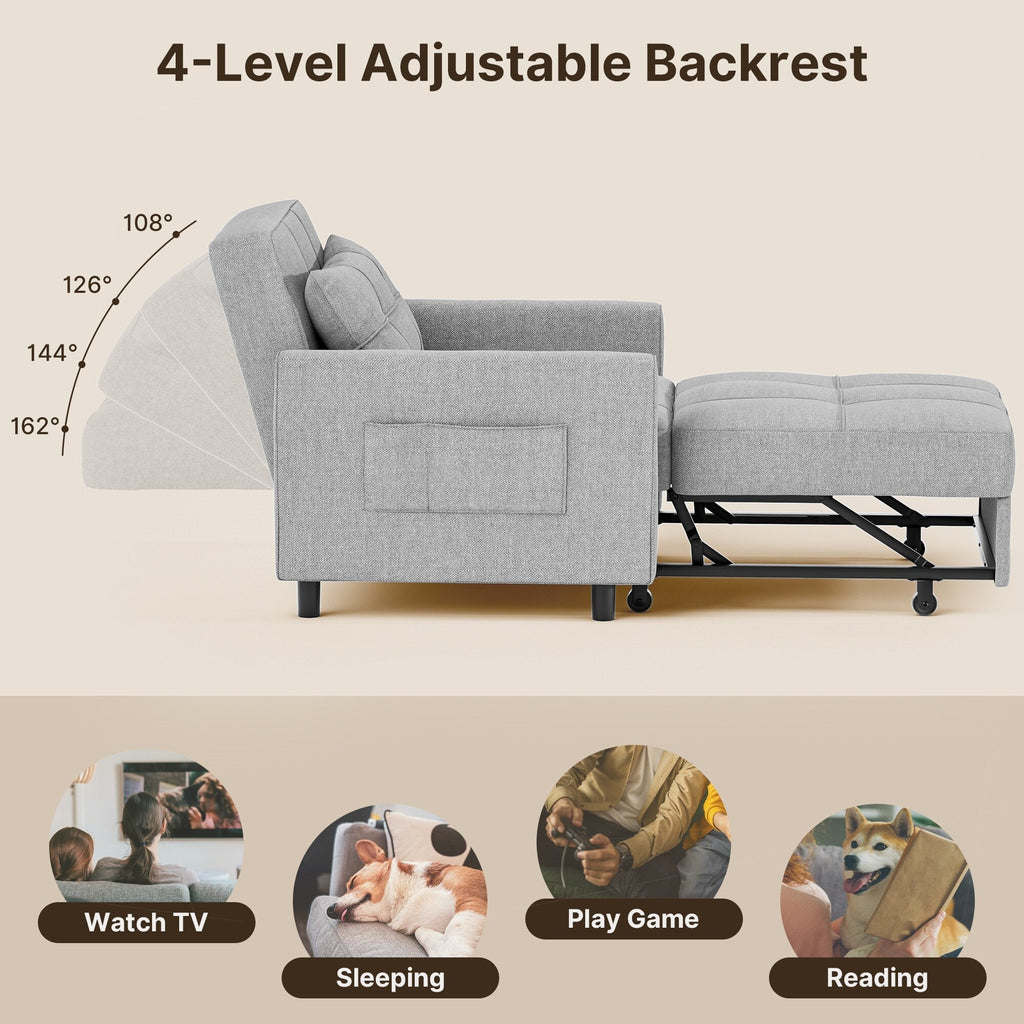 Canapé-lit escamotable 3-en-1, fauteuil convertible, inclinable, pliable et recouvert de tissu.