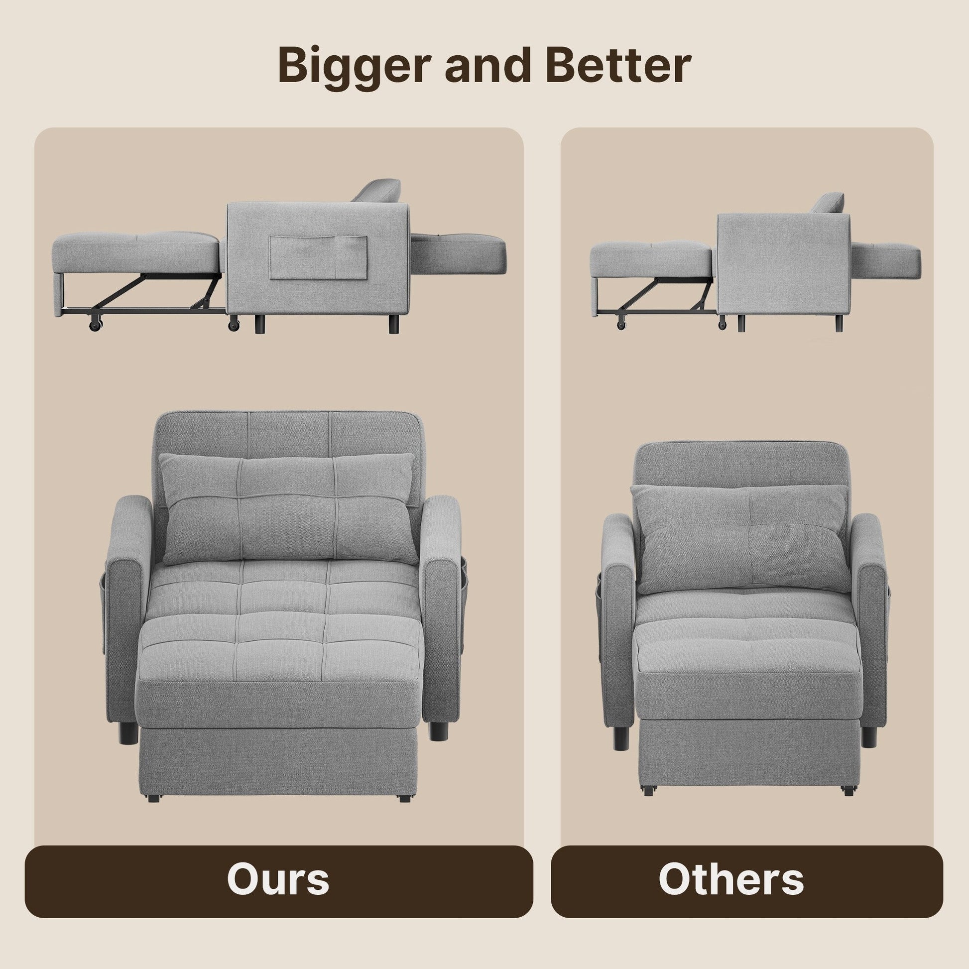 Canapé-lit escamotable 3-en-1, fauteuil convertible, inclinable, pliable et recouvert de tissu.