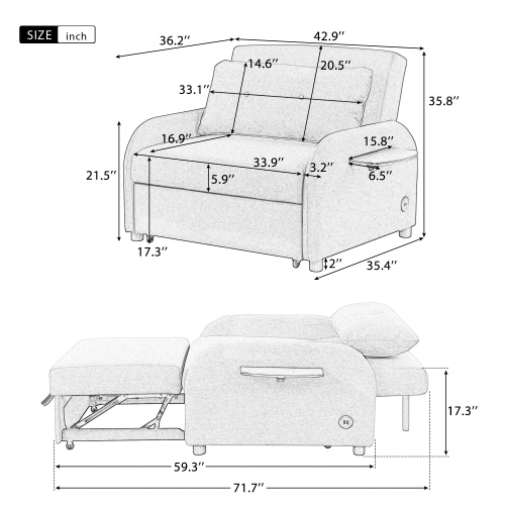 Canapé-lit 3-en-1 avec table d'appoint rabattable et ports USB de Harper&amp;Bright Designs