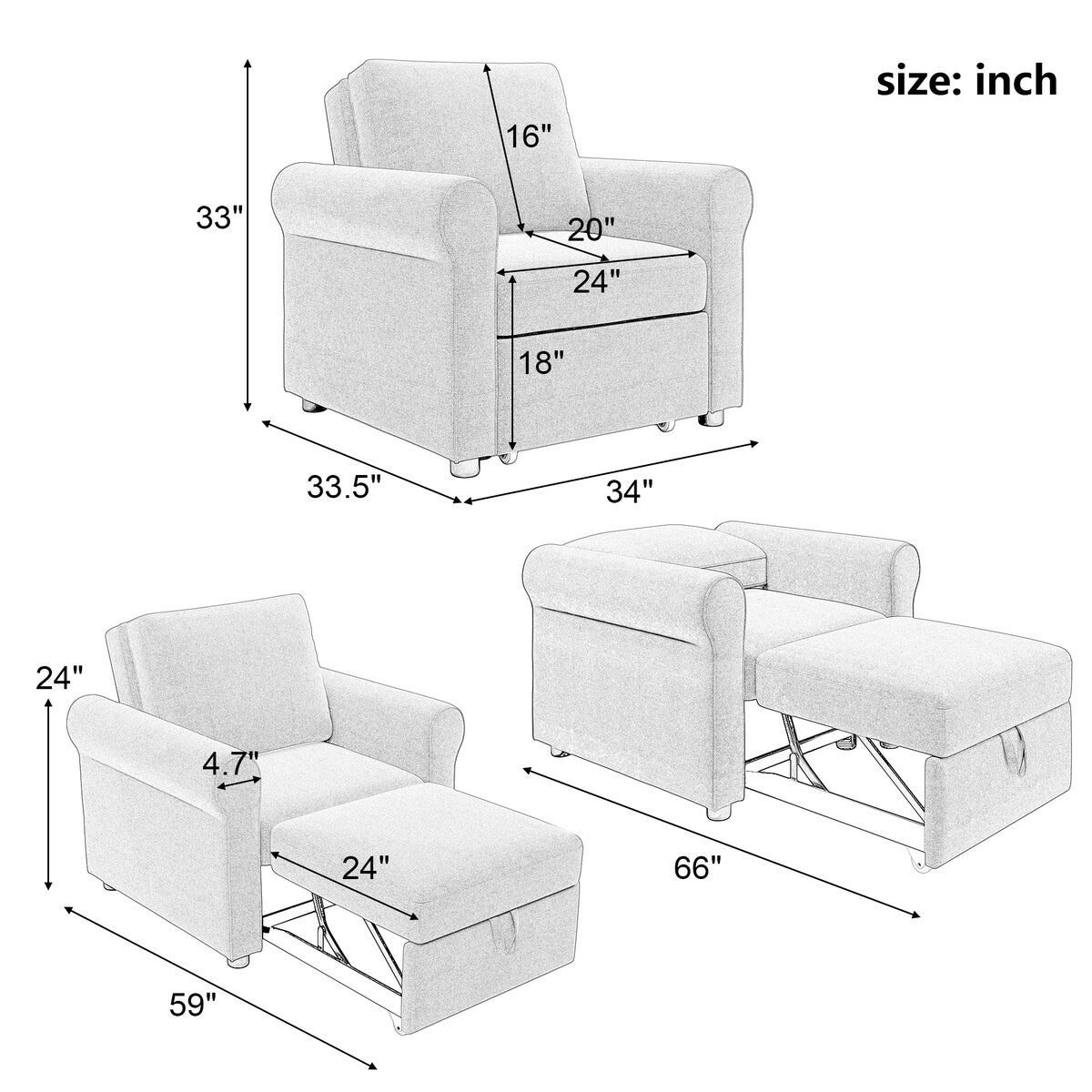 Canapé-lit 3-en-1, chaise convertible, chaise de repos, canapé, fauteuil