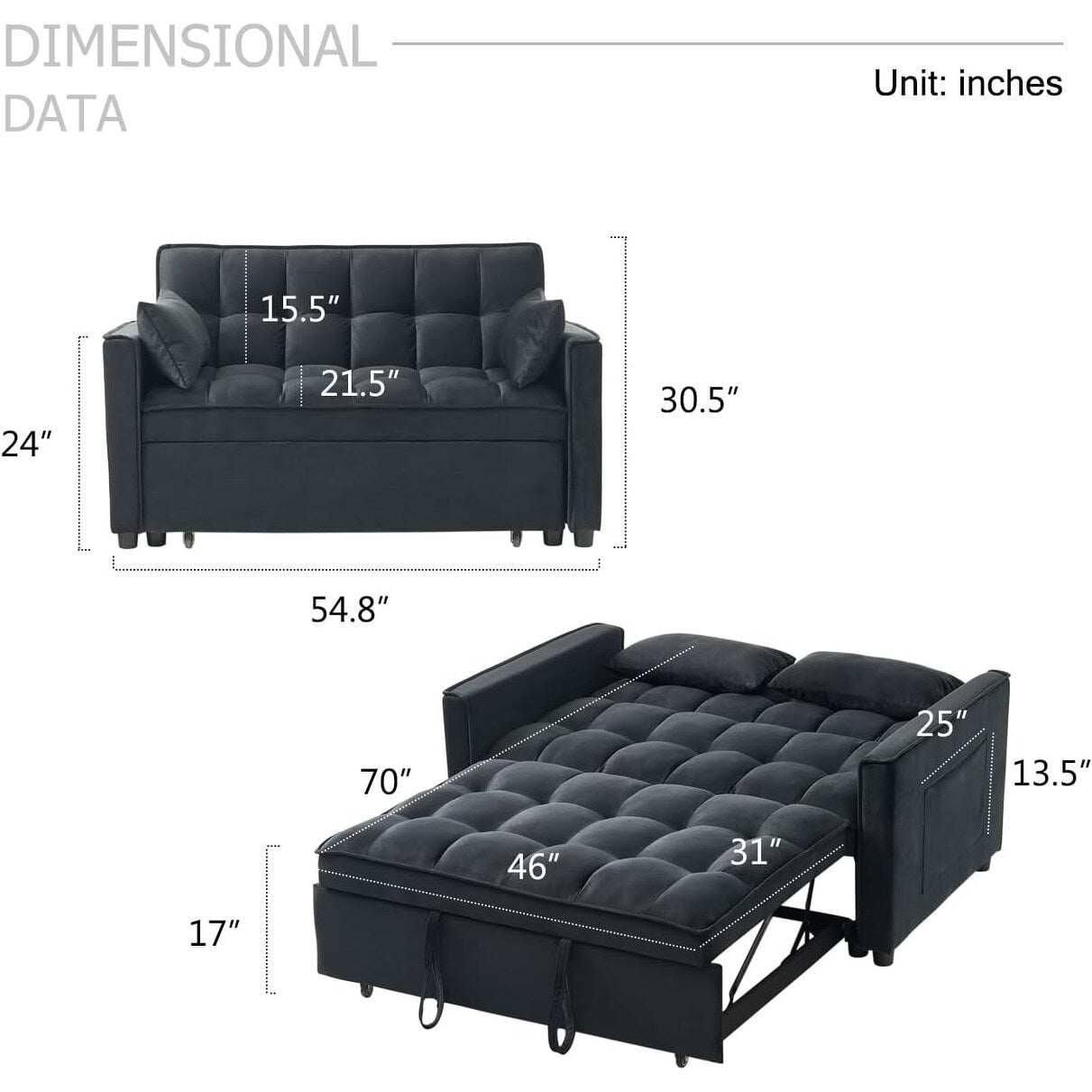 Canapé-lit 3-en-1 en velours - Couchage extensible avec dossier, accoudoirs et poches de rangement réglables pour le salon