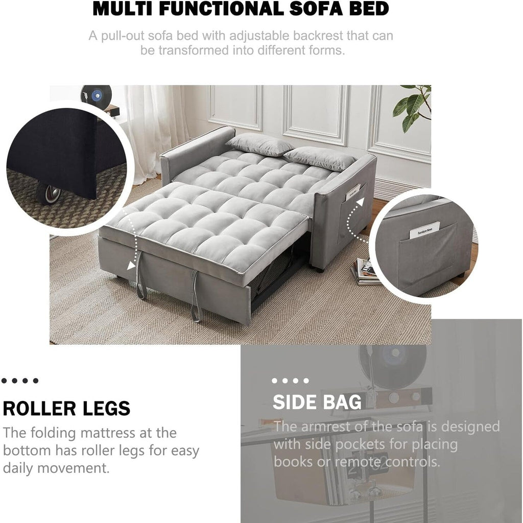 Canapé-lit 3-en-1 en velours - Couchage extensible avec dossier, accoudoirs et poches de rangement réglables pour le salon