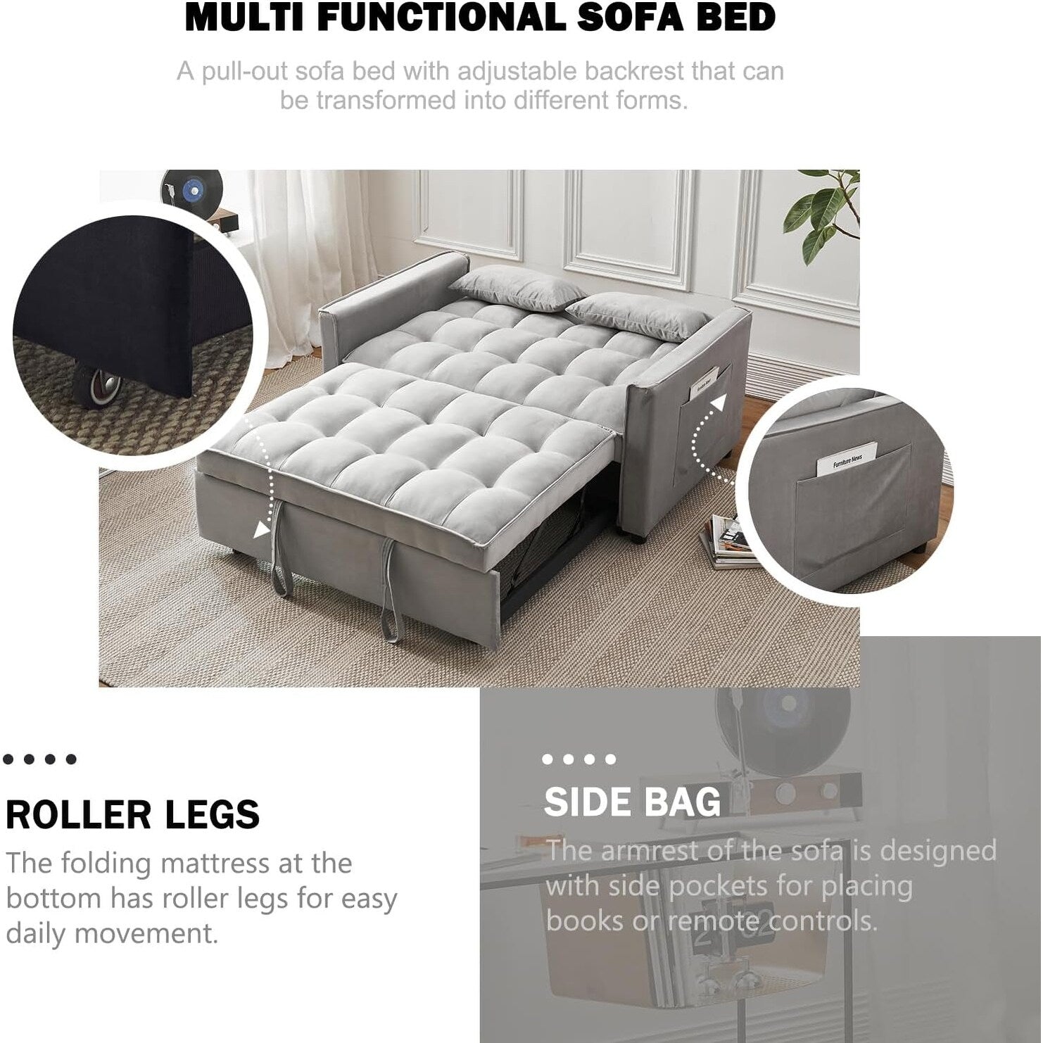 Canapé-lit 3-en-1 en velours - Couchage extensible avec dossier, accoudoirs et poches de rangement réglables pour le salon