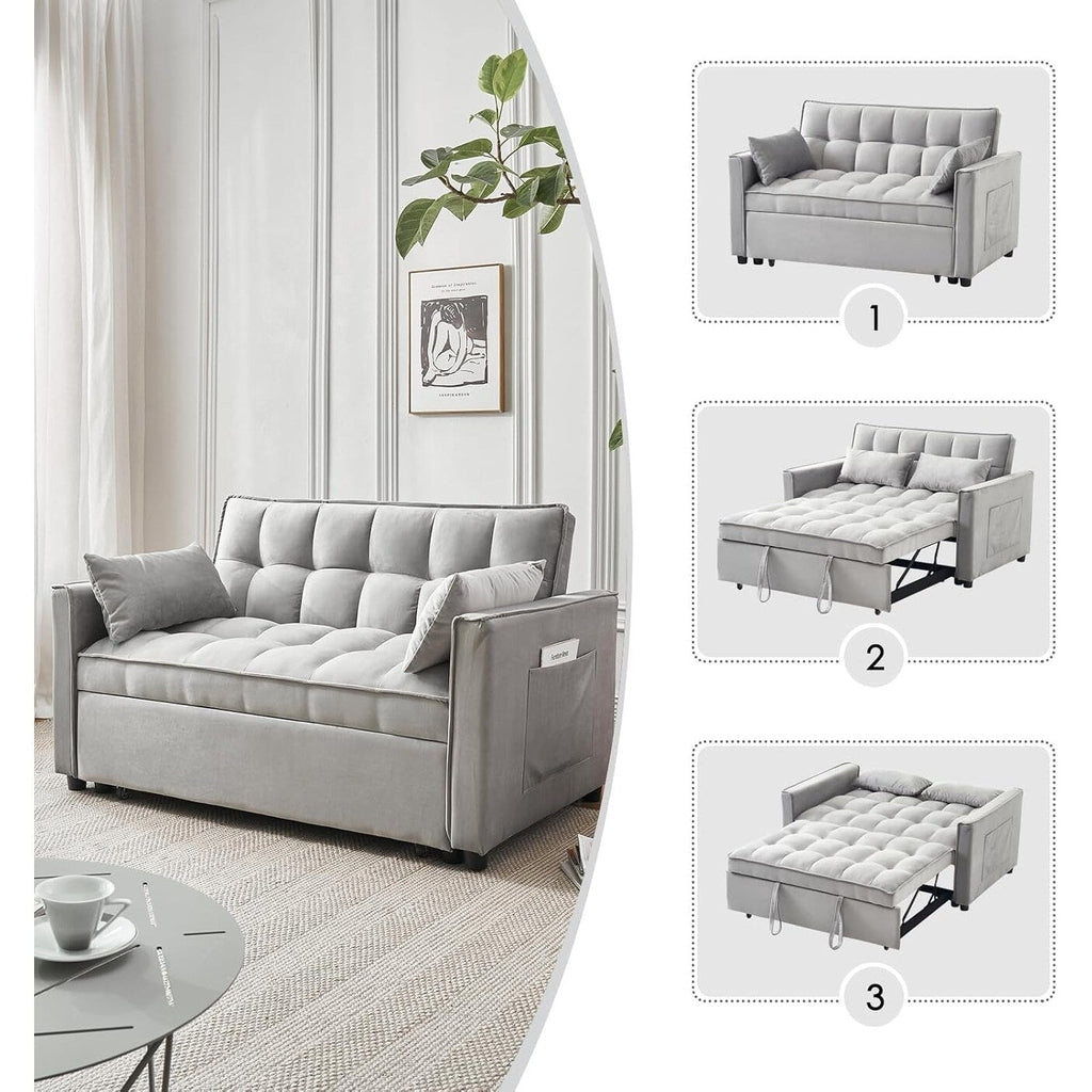 Canapé-lit 3-en-1 en velours - Couchage extensible avec dossier, accoudoirs et poches de rangement réglables pour le salon