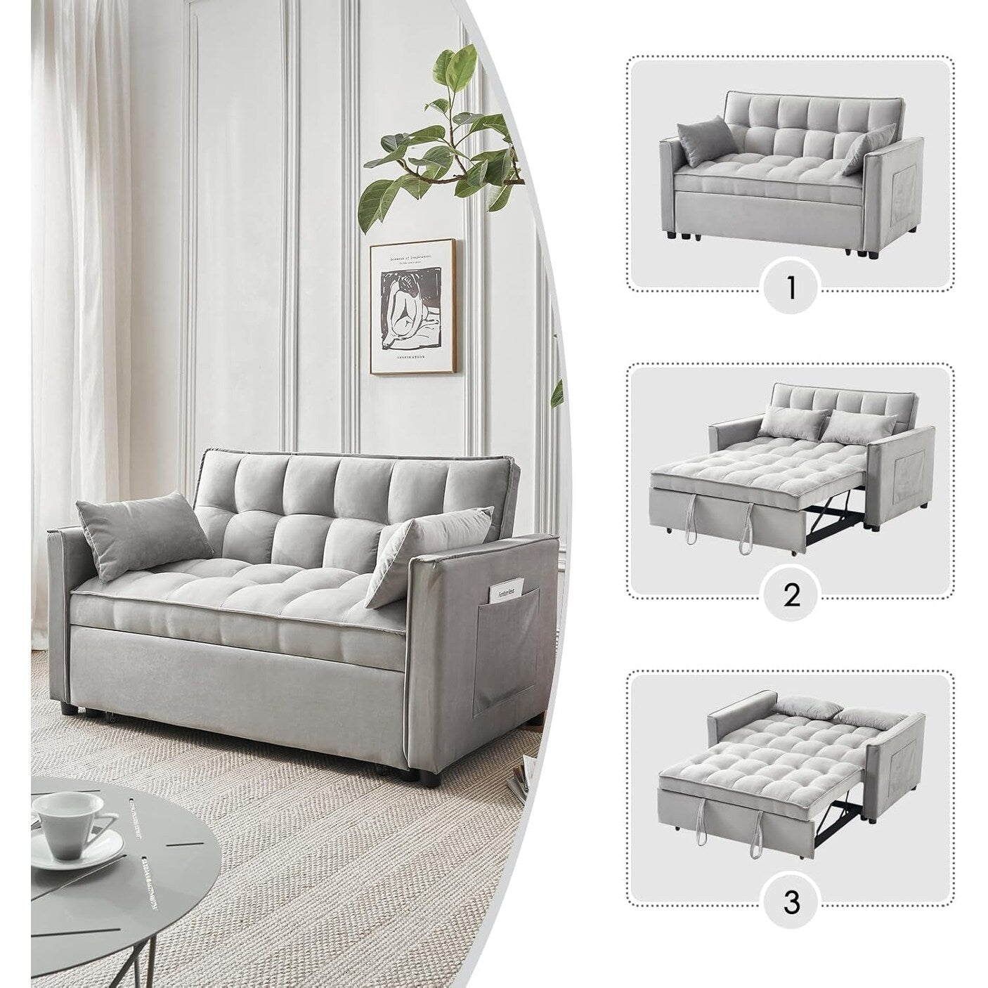 Canapé-lit 3-en-1 en velours - Couchage extensible avec dossier, accoudoirs et poches de rangement réglables pour le salon