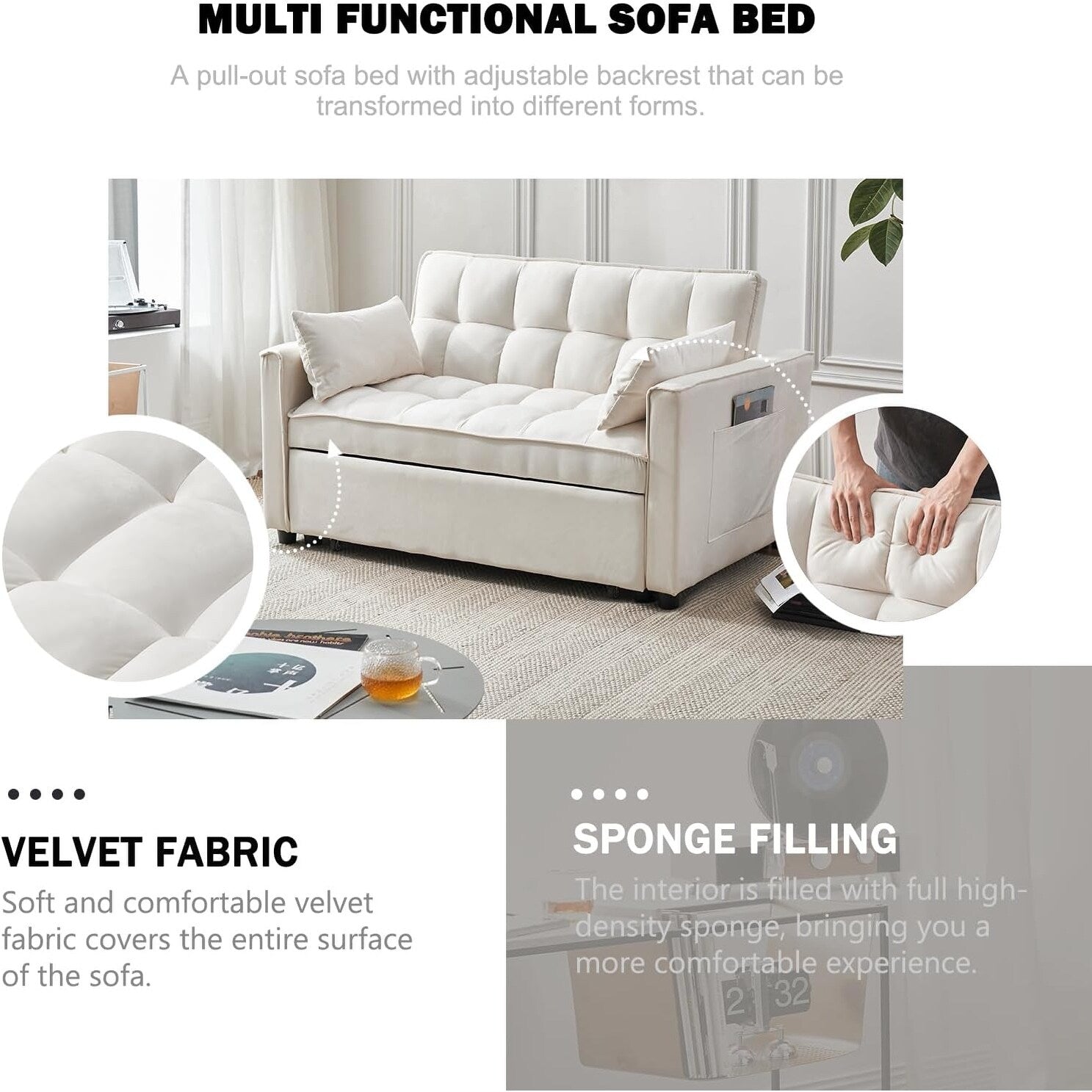 Canapé-lit 3-en-1 en velours - Couchage extensible avec dossier, accoudoirs et poches de rangement réglables pour le salon