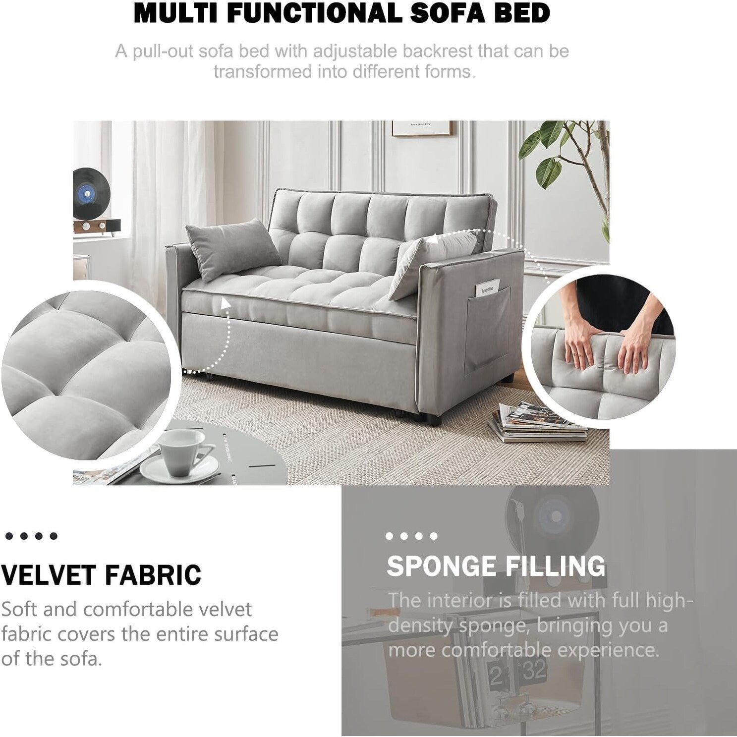 Canapé-lit 3-en-1 en velours - Couchage extensible avec dossier, accoudoirs et poches de rangement réglables pour le salon